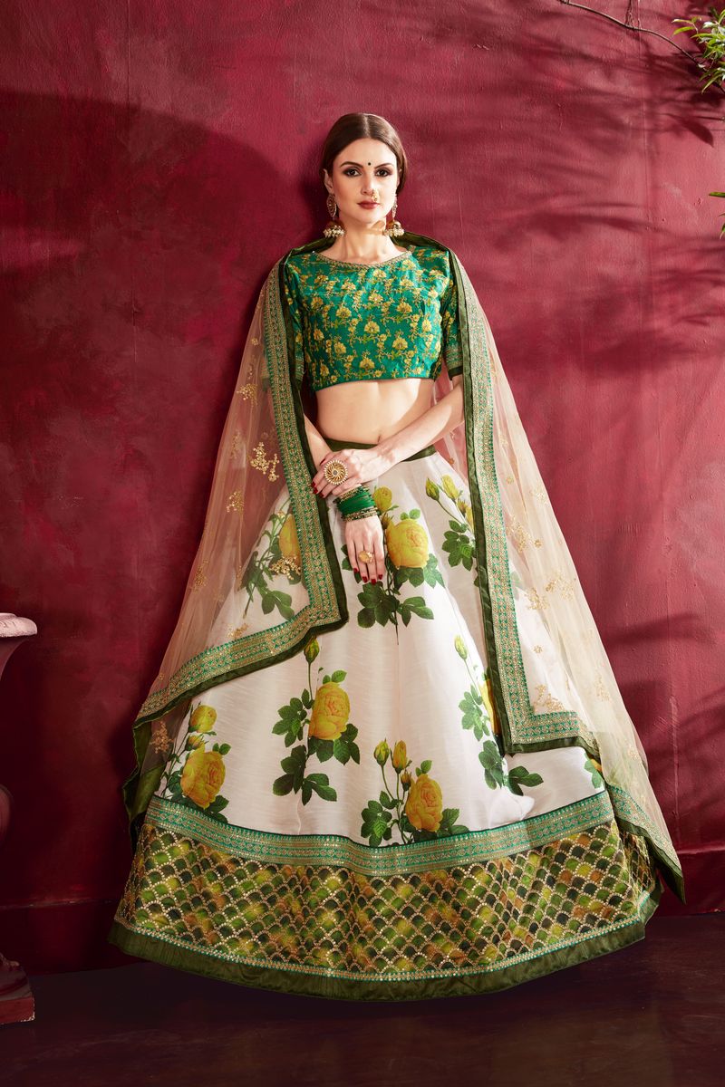CREAM GREEN FLORAL PRINT ,DORI, ZARI AND SEQUINS EMBROIDERY LEHENGA CHOLI | Ready To Wear - qivii