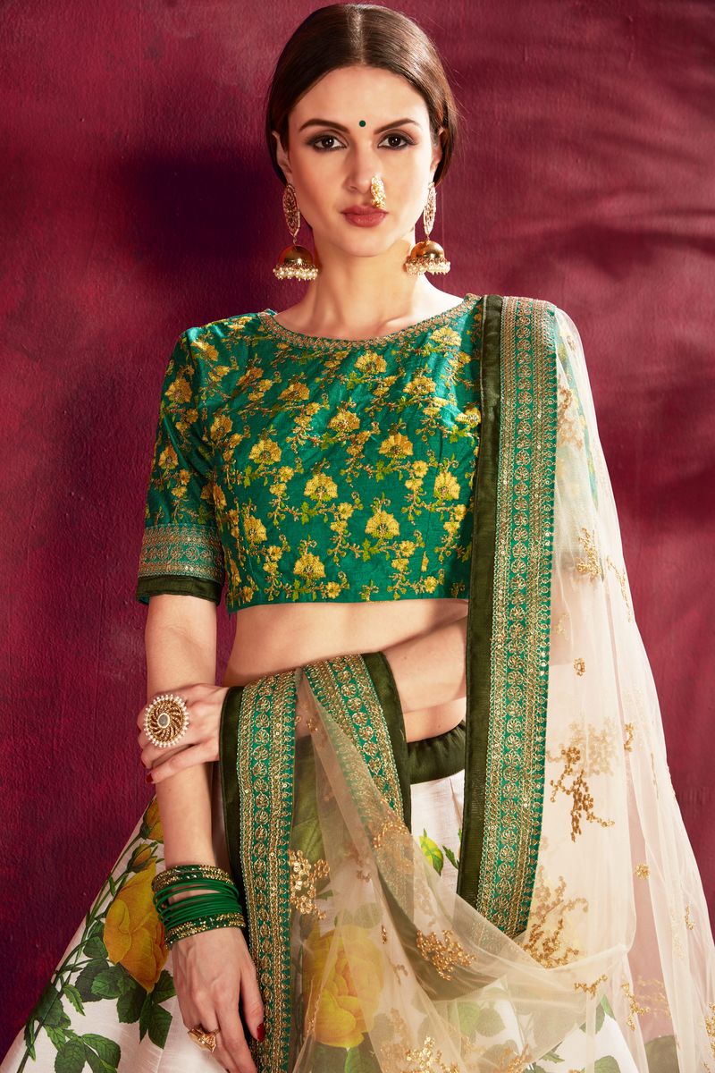CREAM GREEN FLORAL PRINT ,DORI, ZARI AND SEQUINS EMBROIDERY LEHENGA CHOLI | Ready To Wear - qivii