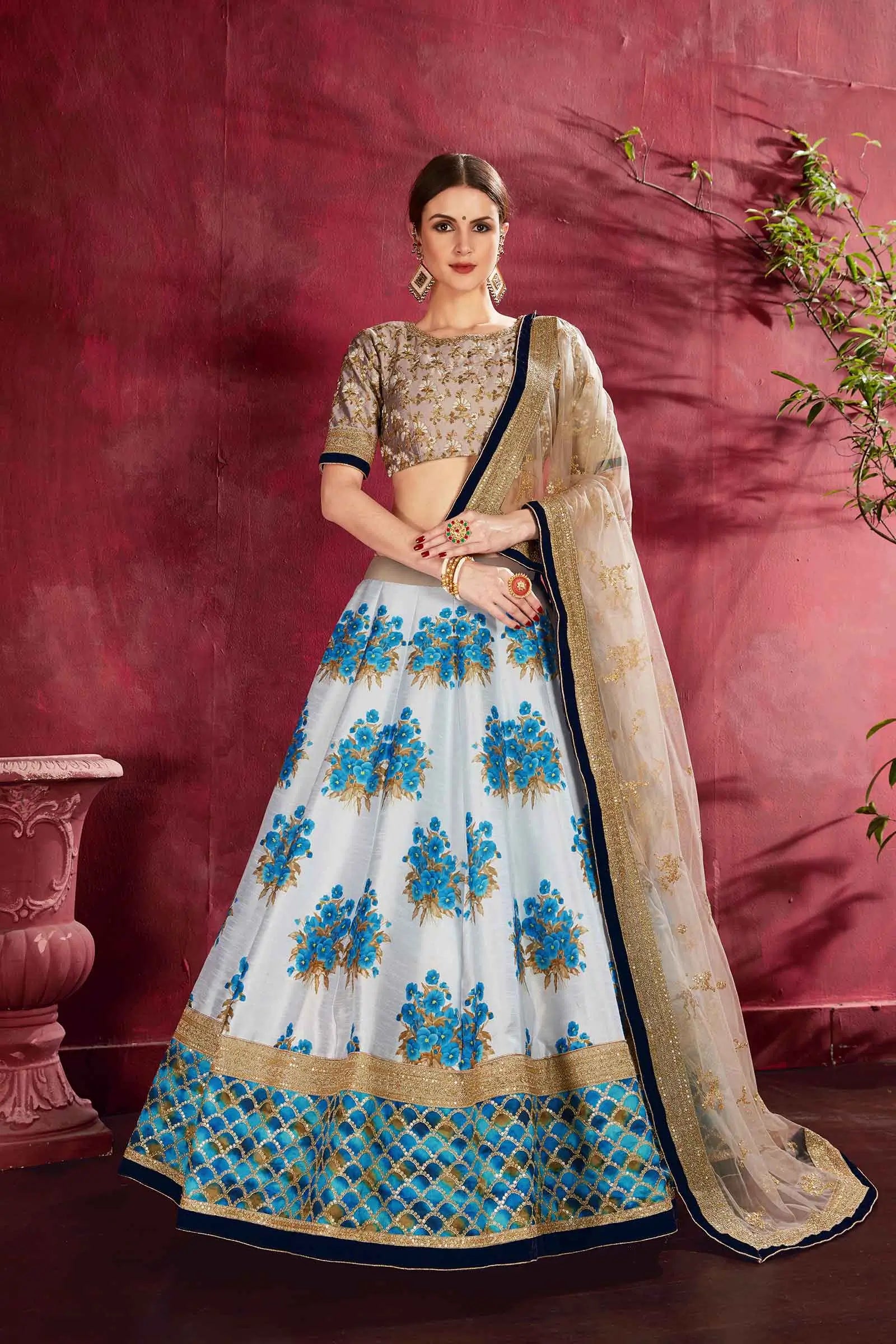 Sky Blue Silk Lehenga With Floral Print Dori Zari And Sequins Embroidery Work | Ready To Wear - qivii