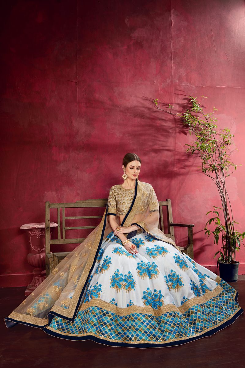 CREAM BEIGE FLORAL PRINT ,DORI, ZARI AND SEQUINS EMBROIDERY LEHENGA CHOLI | Ready To Wear - qivii