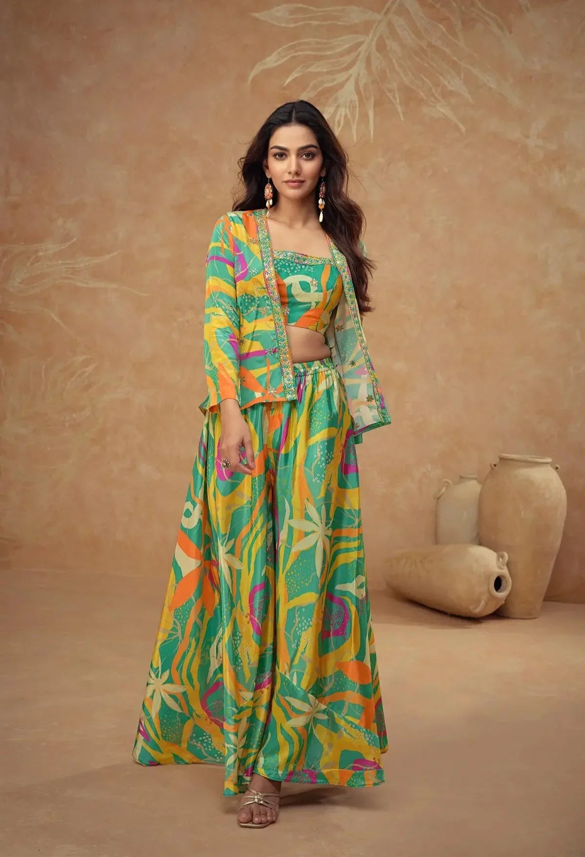 Sea Green Multicolor Chinon Silk Indo Western With Print & Embroidery - qivii