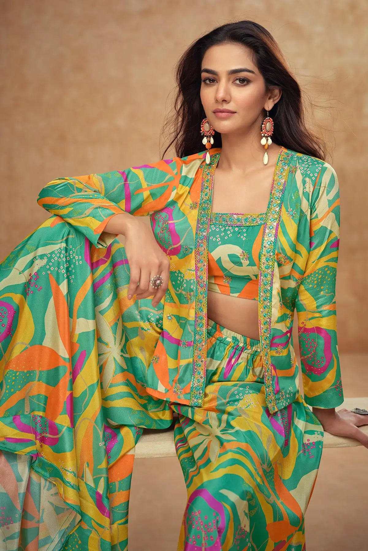 Sea Green Multicolor Chinon Silk Indo Western With Print & Embroidery - qivii