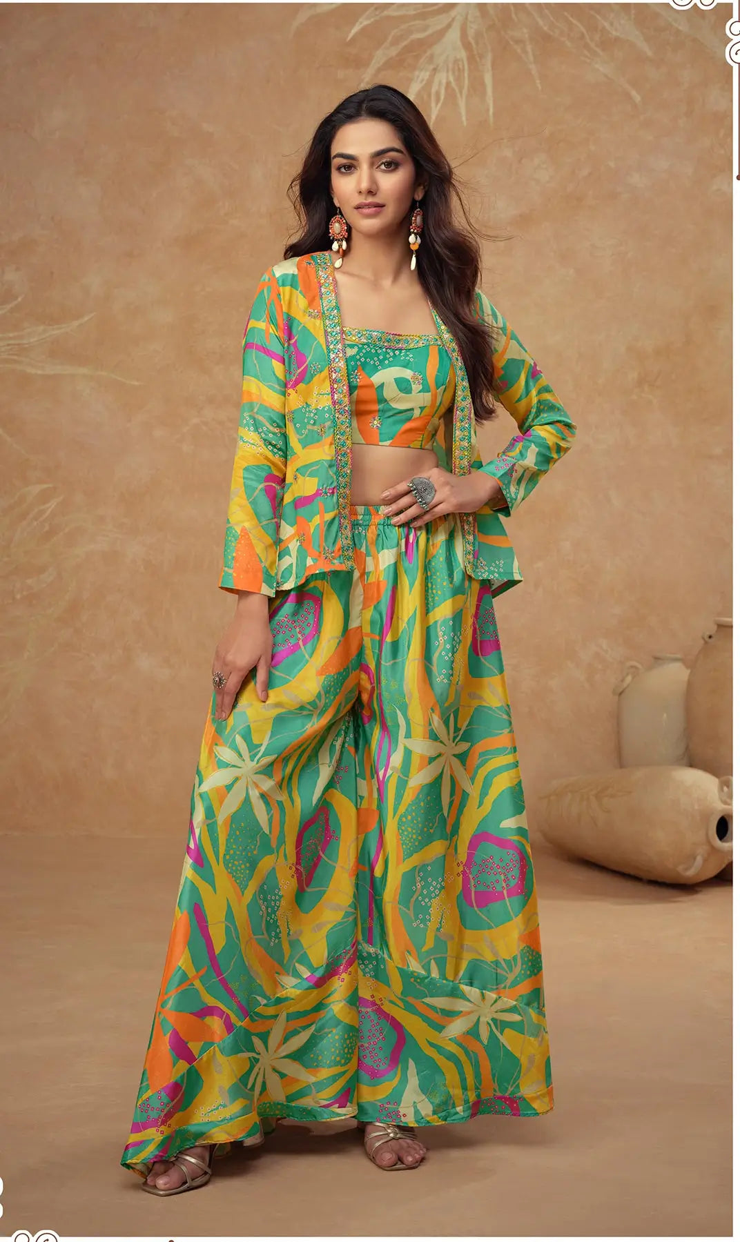 Sea Green Multicolor Chinon Silk Indo Western With Print & Embroidery - qivii