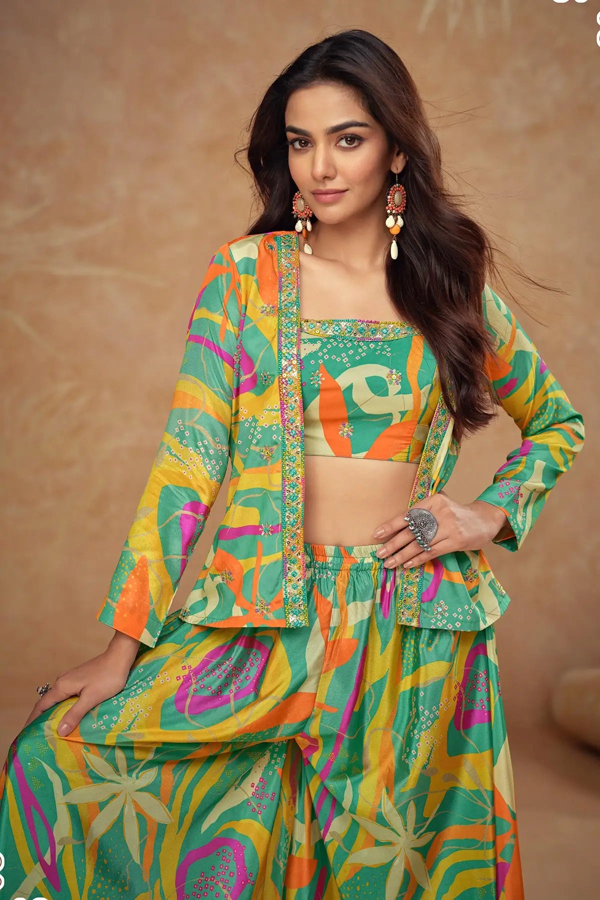 Sea Green Multicolor Chinon Silk Indo Western With Print & Embroidery - qivii