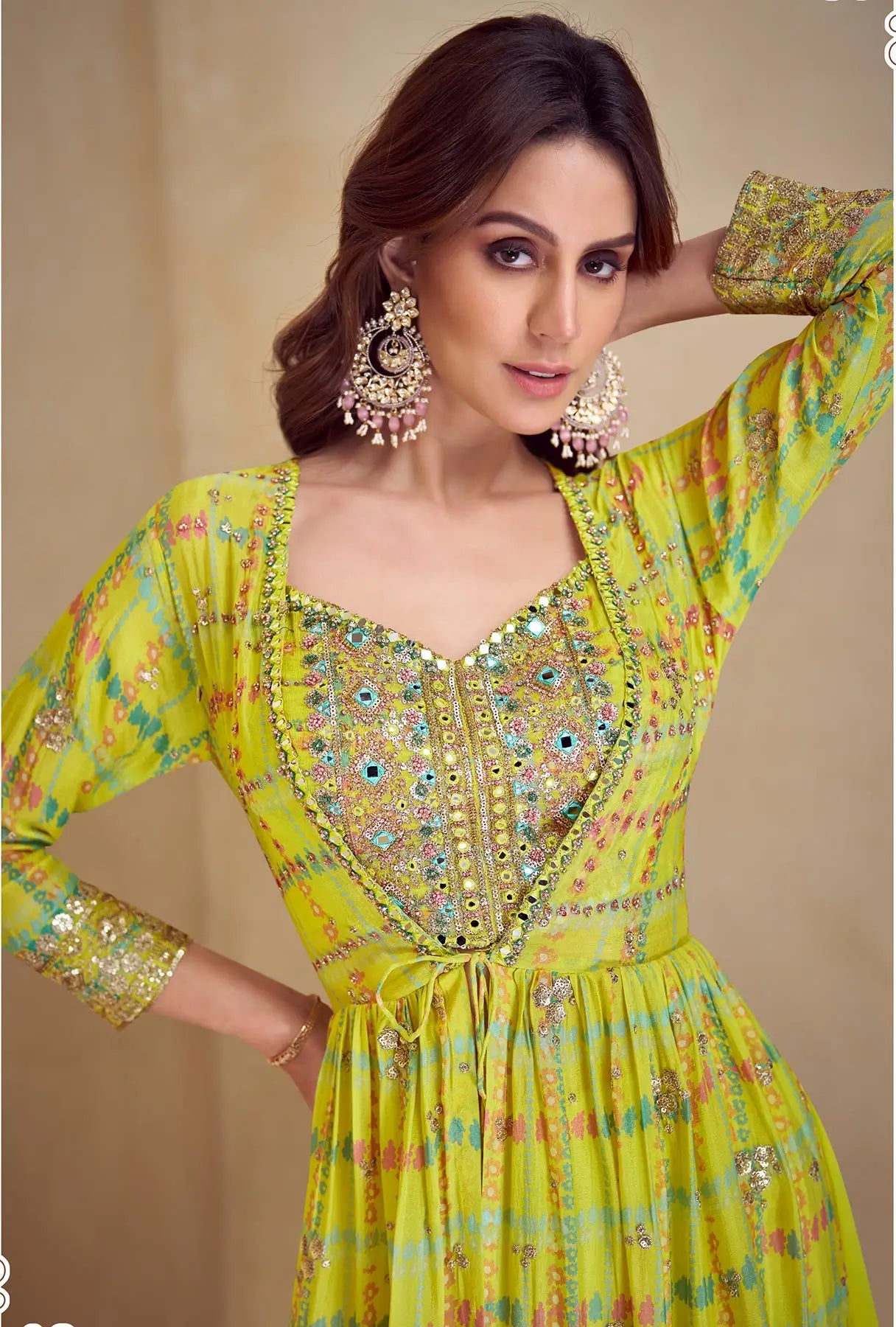 Lime Yellow Multicolor Chinon Silk Indo Western Set With Print, Embroidery & Hand Work - qivii