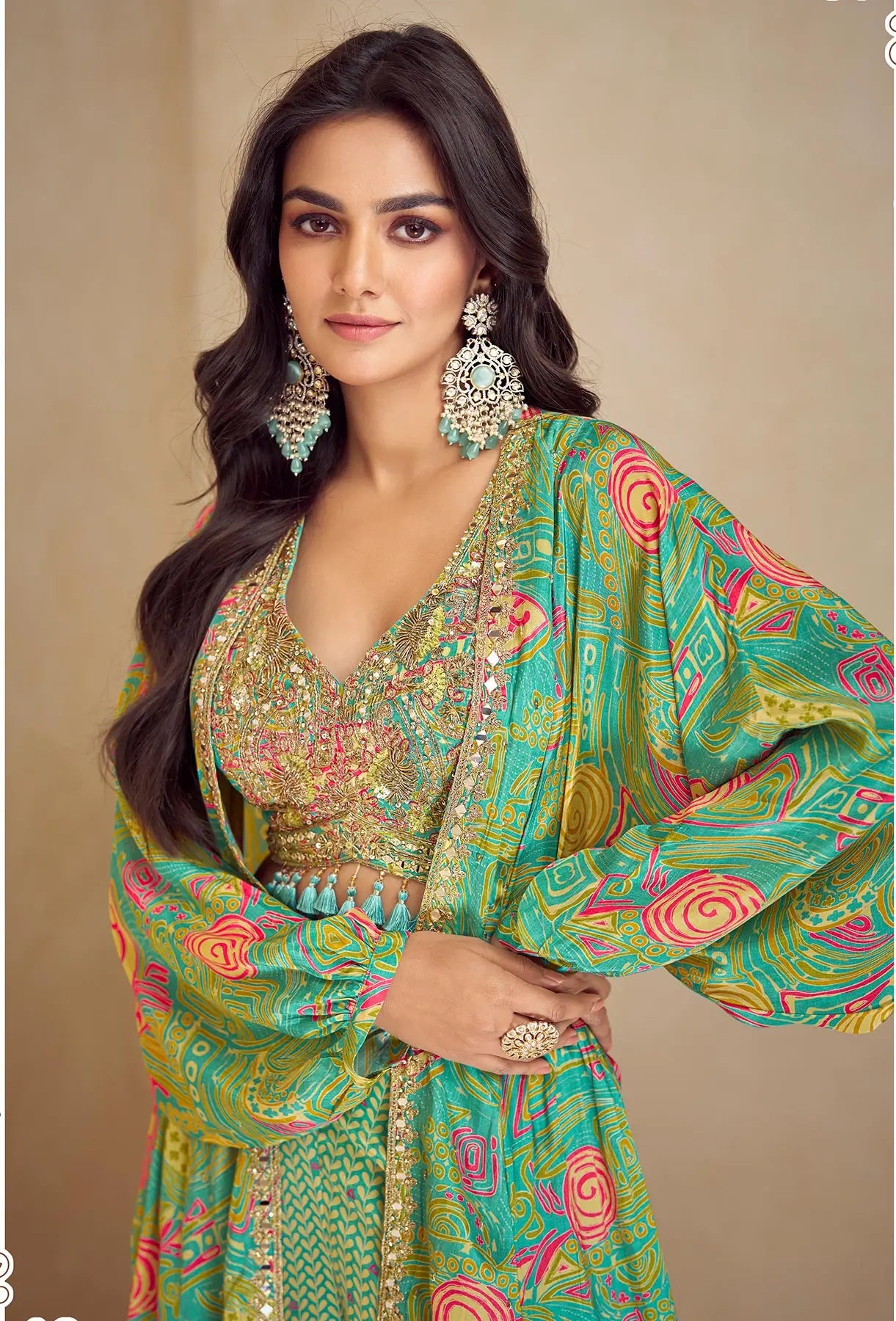 Pista Green Multicolor Chinon Silk Indo Western Set With Print, Embroidery & Hand Work - qivii