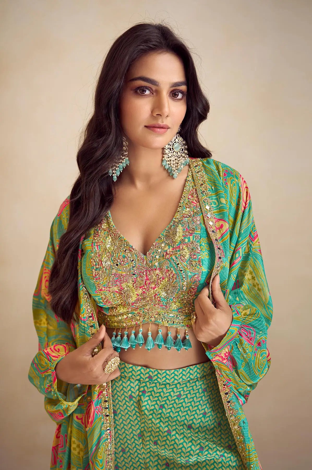 Pista Green Multicolor Chinon Silk Indo Western Set With Print, Embroidery & Hand Work - qivii