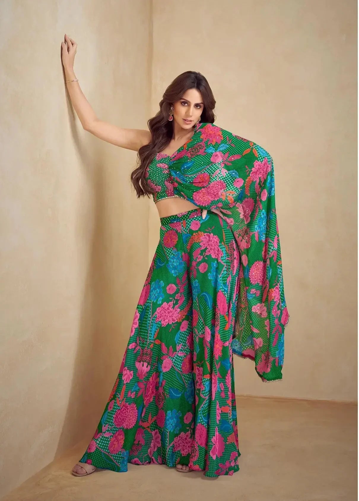 Green Multicolor Chinon Silk Indo Western Set With Print, Embroidery & Hand Work - qivii