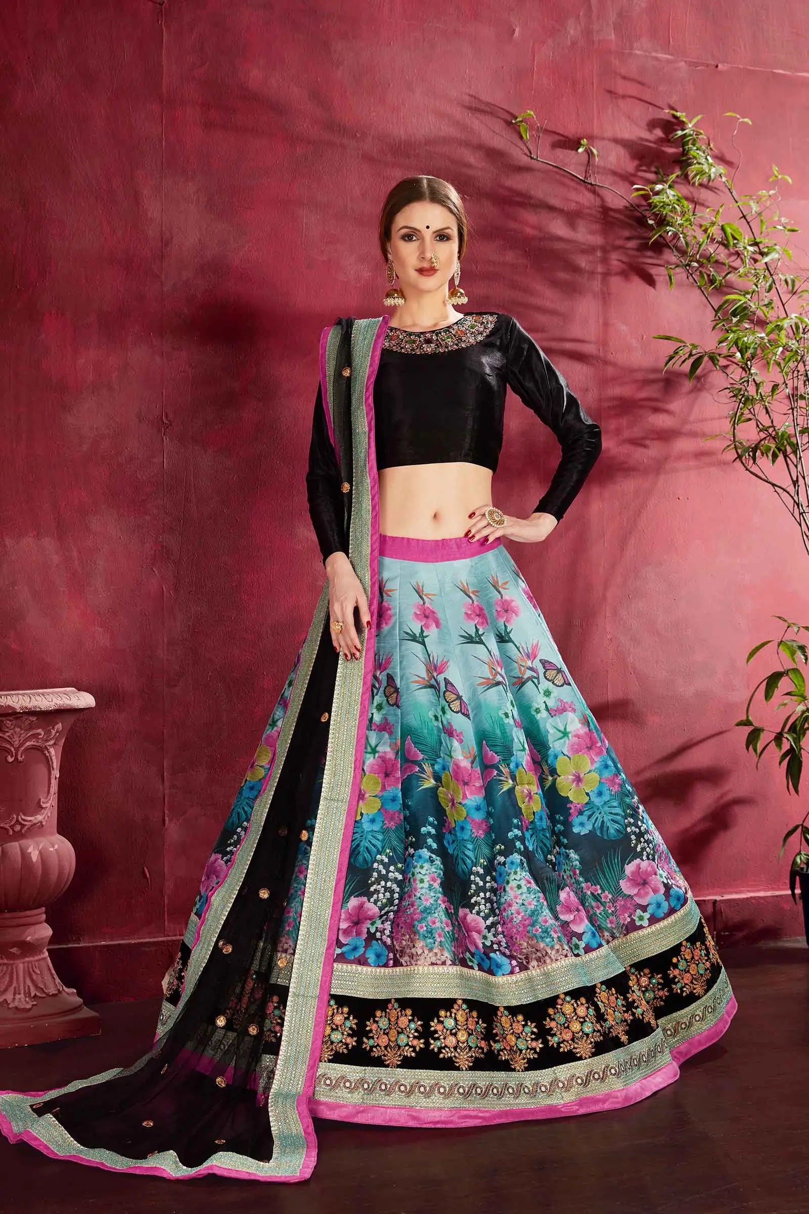 Black Multi Color Silk Lehenga With Floral Print Dori Zari And Sequins Embroidery Diamond Work Neckline Blouse | Ready To Wear - qivii