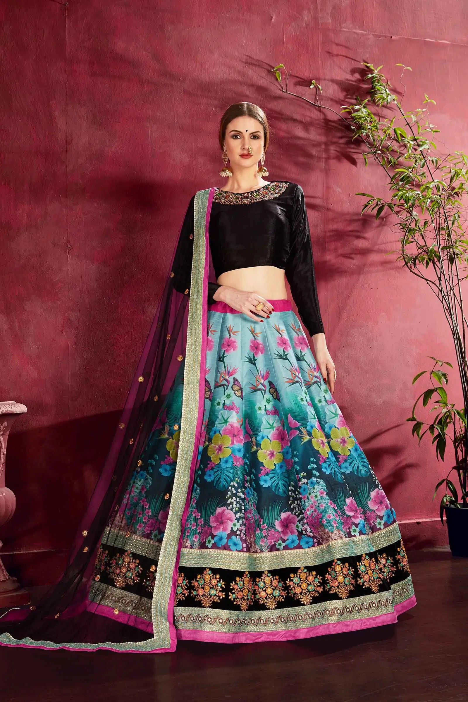 Black Multi Color Silk Lehenga With Floral Print Dori Zari And Sequins Embroidery Diamond Work Neckline Blouse | Ready To Wear - qivii