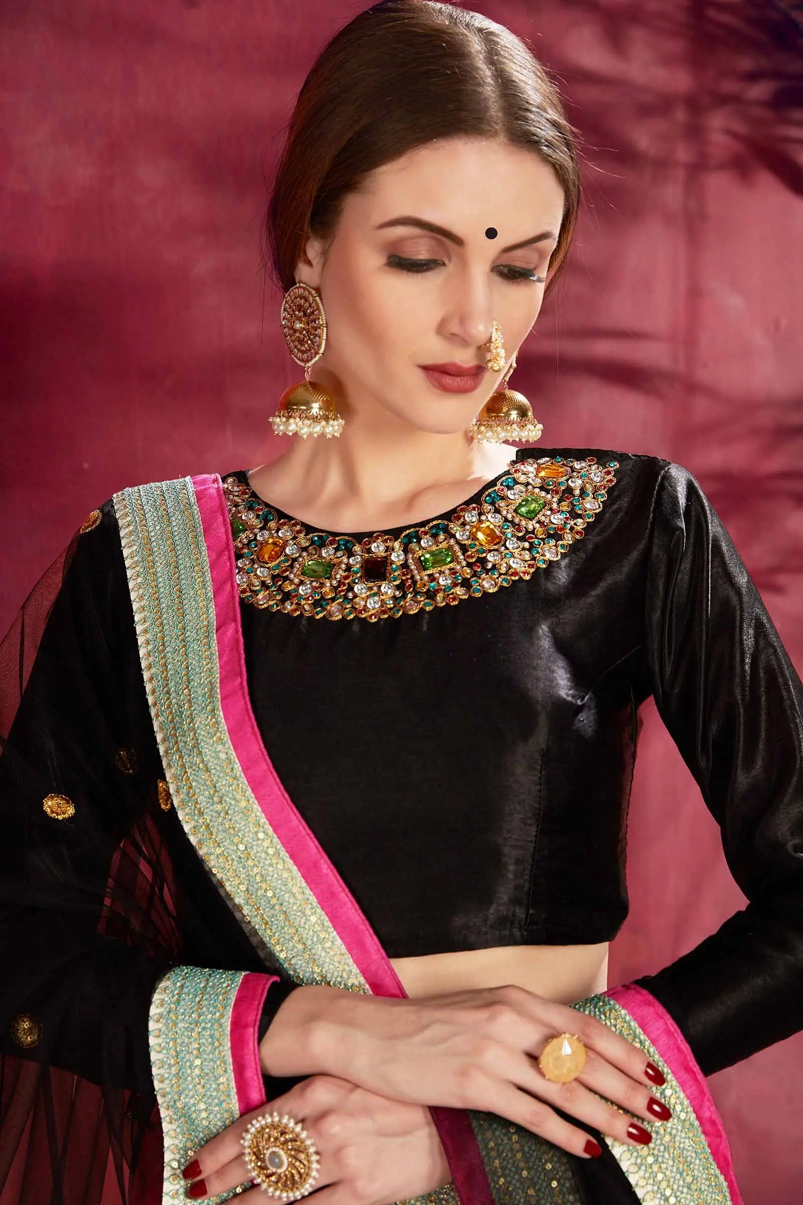 Black Multi Color Silk Lehenga With Floral Print Dori Zari And Sequins Embroidery Diamond Work Neckline Blouse | Ready To Wear - qivii