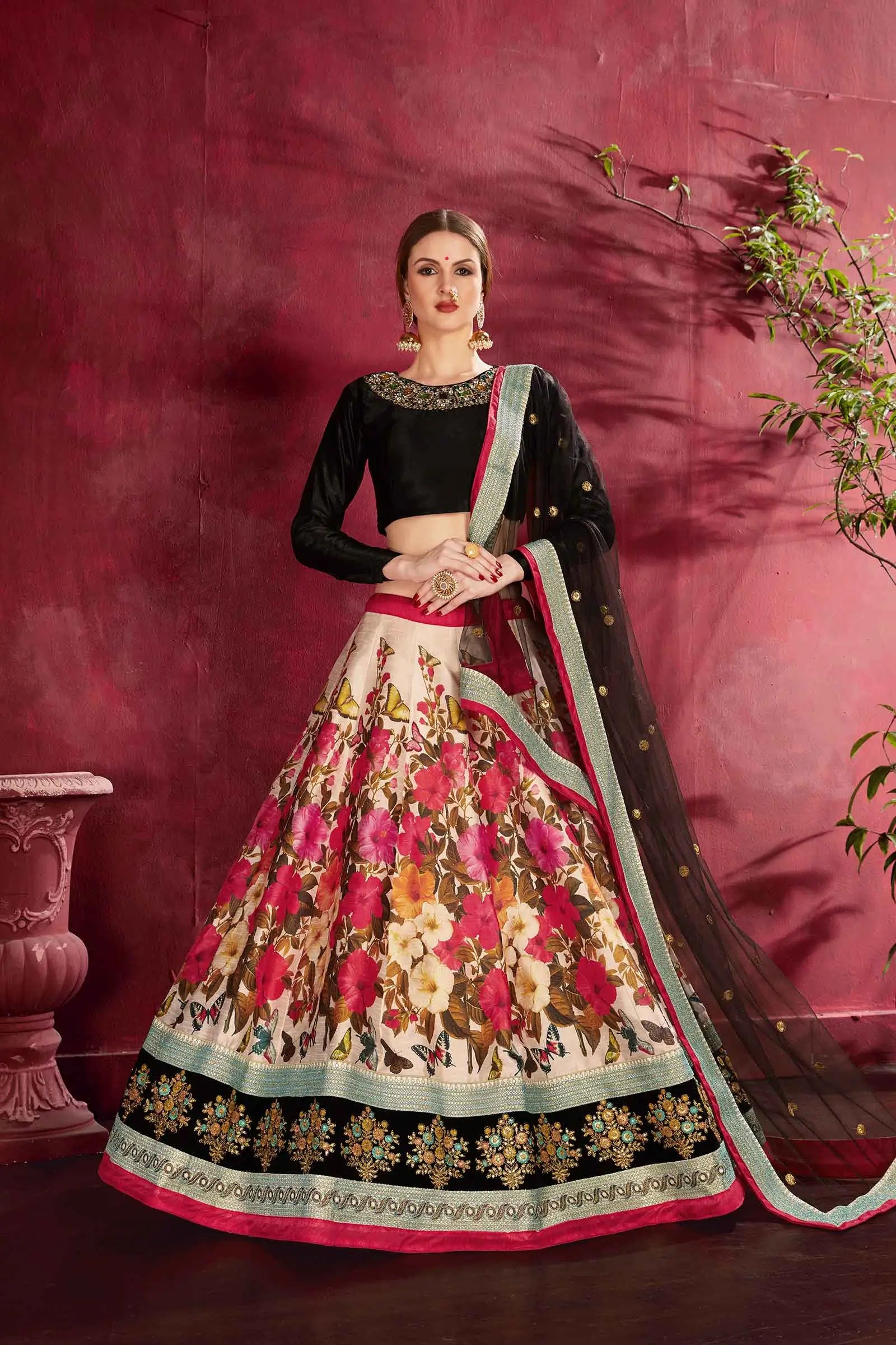 Black Multi Color Floral Print Lehenga With Dori Zari And Sequins Embroidery Diamond Work Neckline Blouse | Ready To Wear - qivii