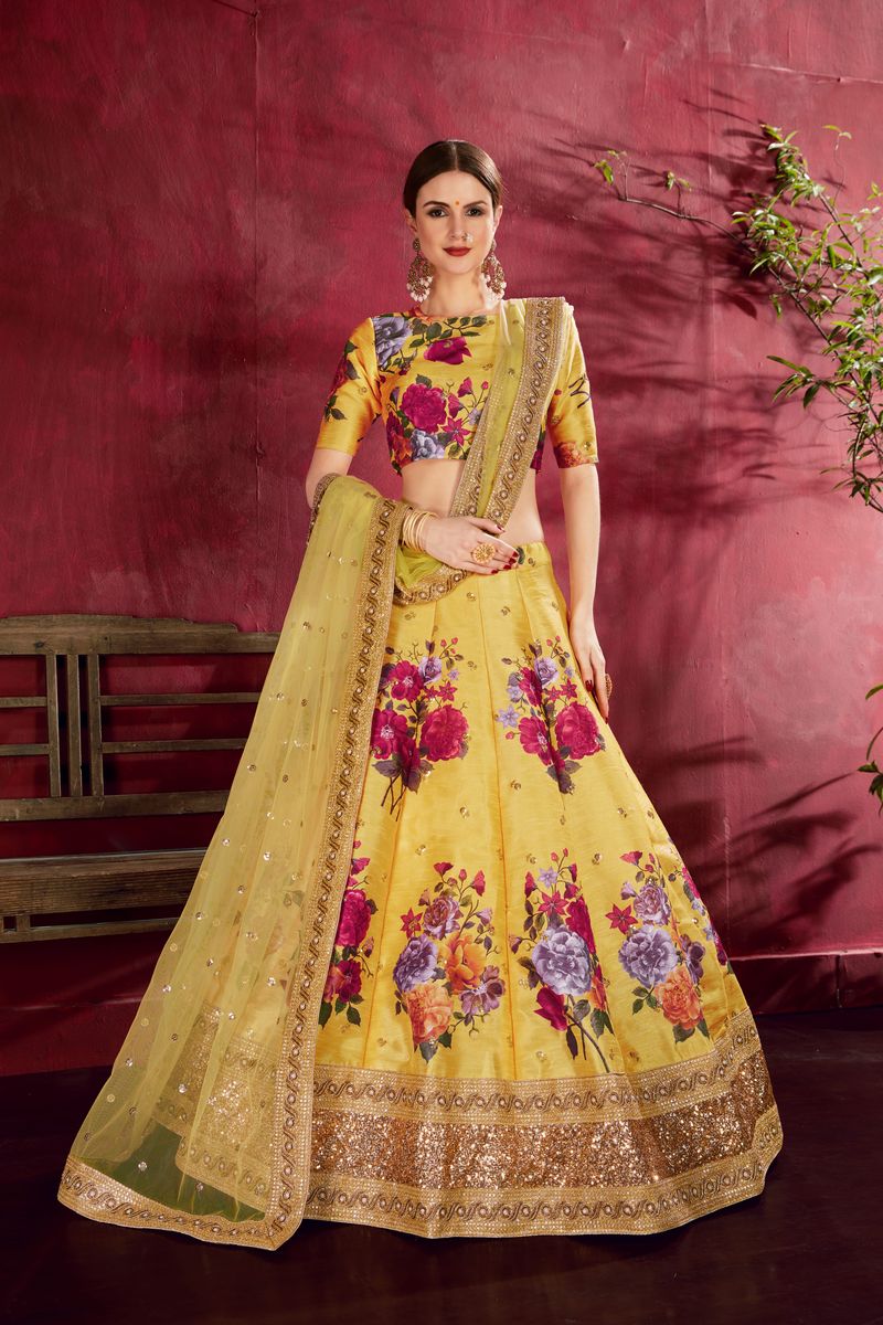 YELLOW FLORAL PRINT ,DORI, ZARI AND SEQUINS EMBROIDERY LEHENGA | Ready To Wear - qivii