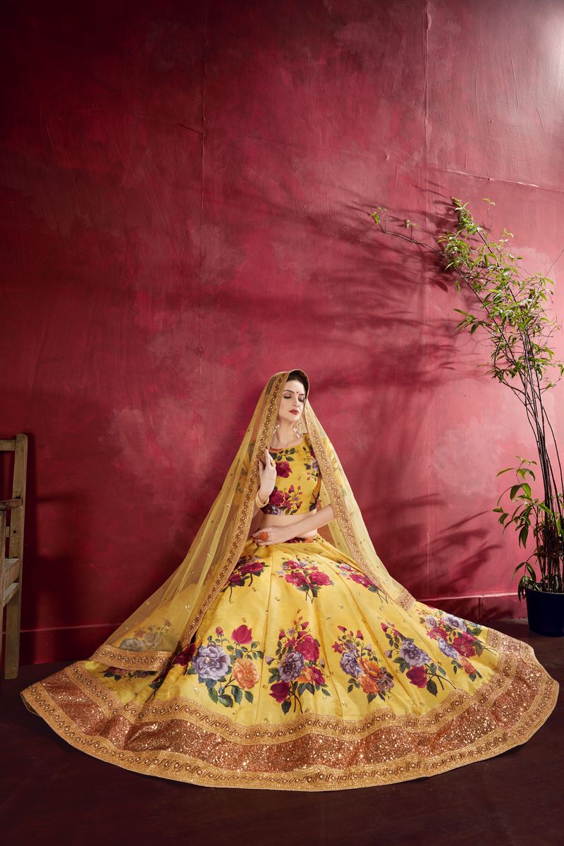 YELLOW FLORAL PRINT ,DORI, ZARI AND SEQUINS EMBROIDERY LEHENGA | Ready To Wear - qivii