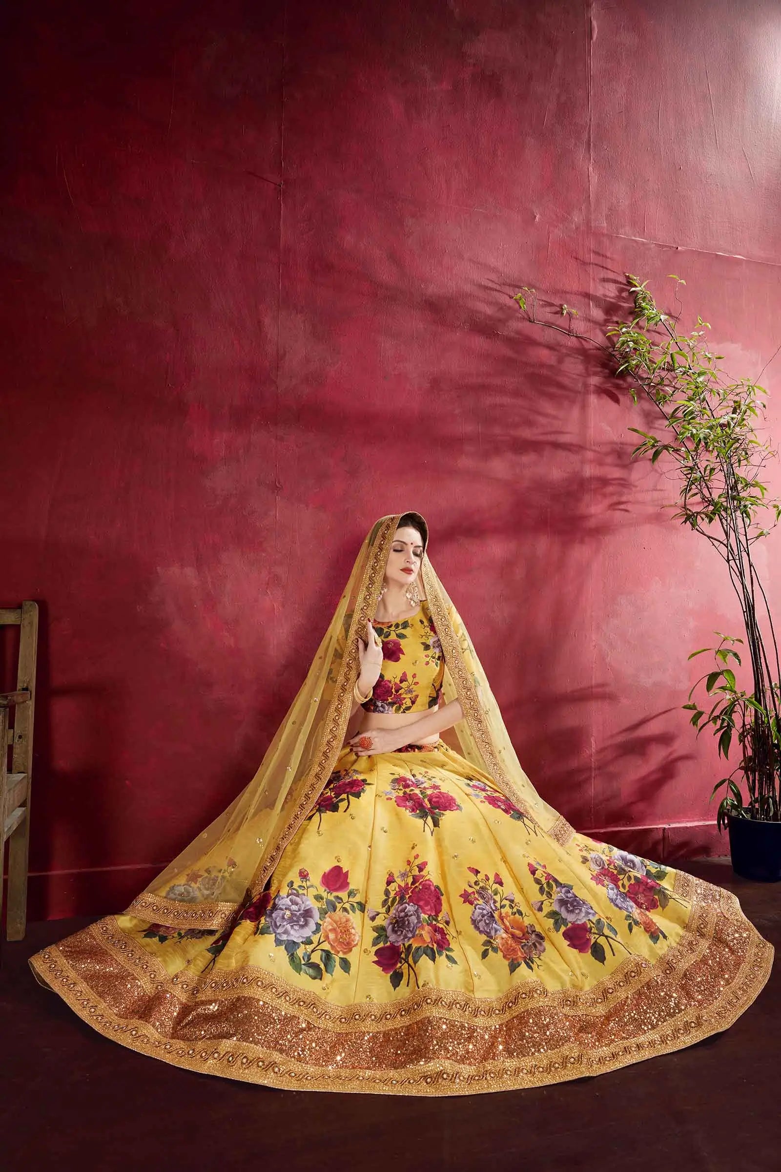 Yellow Silk Lehenga With Floral Print Dori Zari And Sequins Embroidery Work | Ready To Wear - qivii