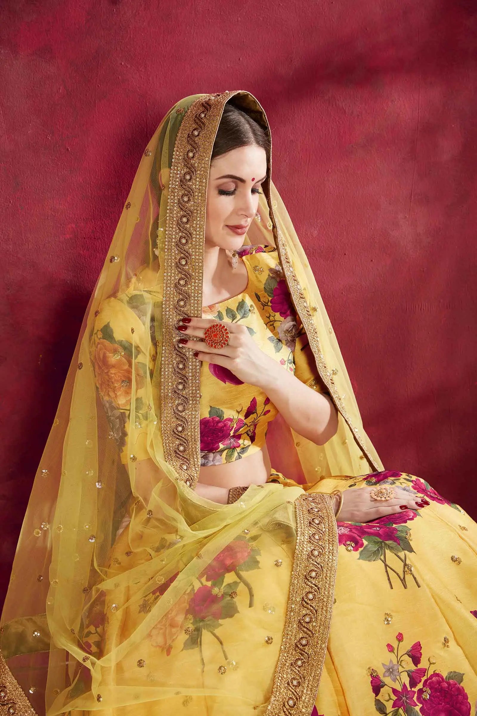 Yellow Silk Lehenga With Floral Print Dori Zari And Sequins Embroidery Work | Ready To Wear - qivii