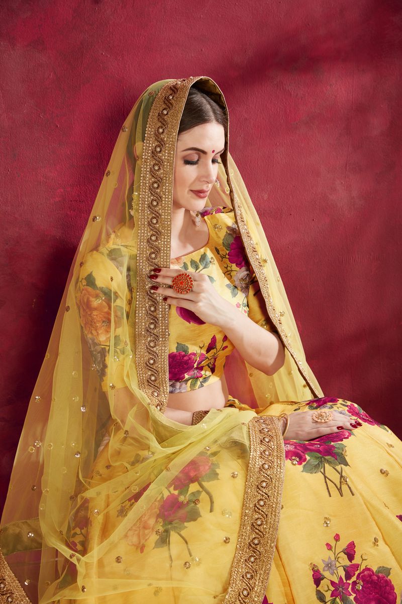 YELLOW FLORAL PRINT ,DORI, ZARI AND SEQUINS EMBROIDERY LEHENGA | Ready To Wear - qivii