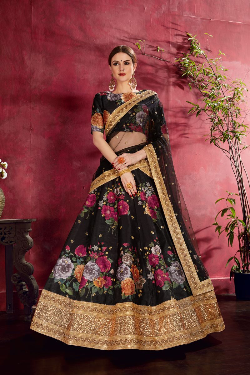 BLACK FLORAL PRINT ,DORI, ZARI AND SEQUINS EMBROIDERY LEHENGA | Ready To Wear - qivii