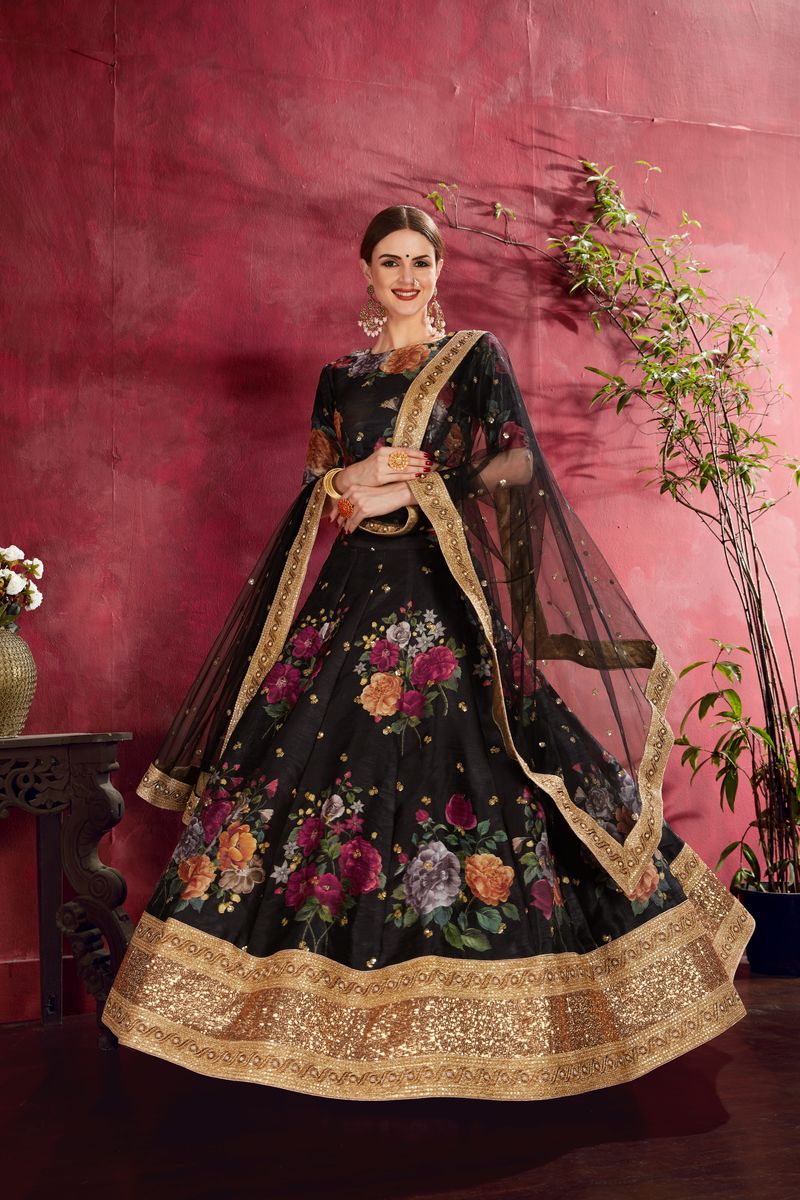 BLACK FLORAL PRINT ,DORI, ZARI AND SEQUINS EMBROIDERY LEHENGA | Ready To Wear - qivii