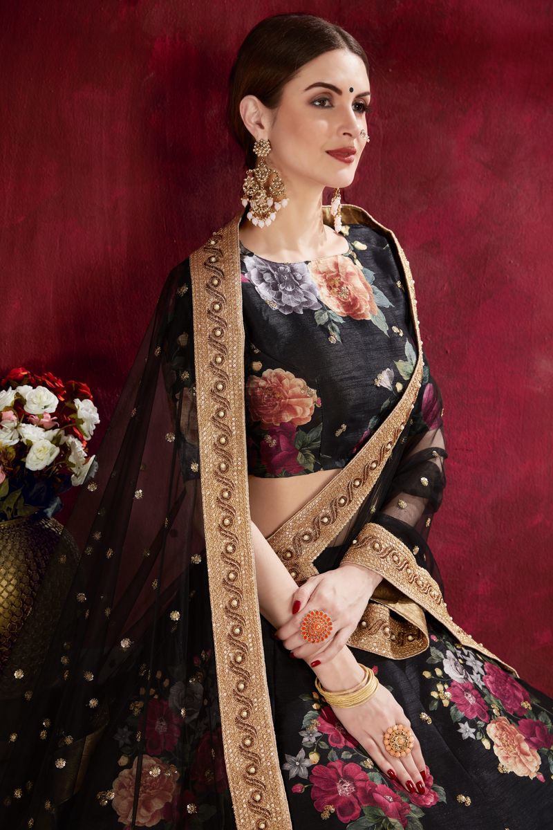 BLACK FLORAL PRINT ,DORI, ZARI AND SEQUINS EMBROIDERY LEHENGA | Ready To Wear - qivii