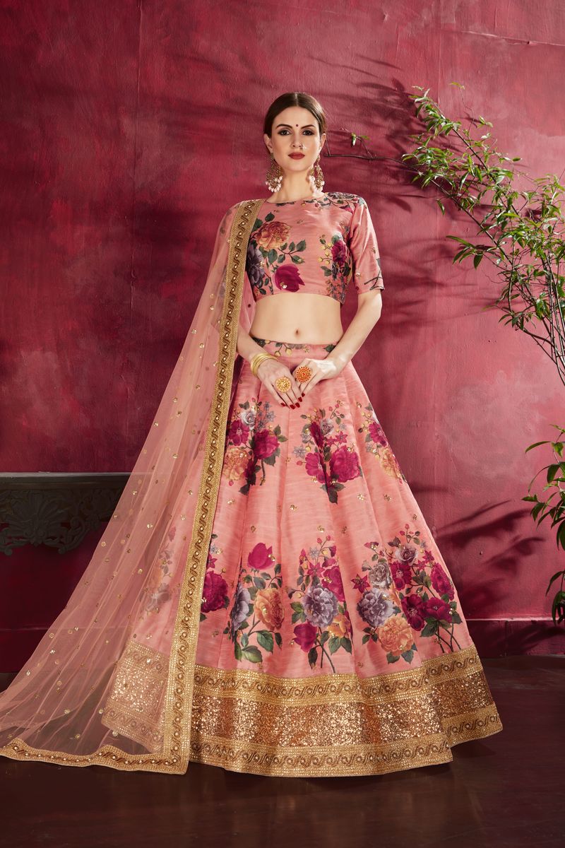 PEACH FLORAL PRINT ,DORI, ZARI AND SEQUINS EMBROIDERY LEHENGA | Ready To Wear - qivii