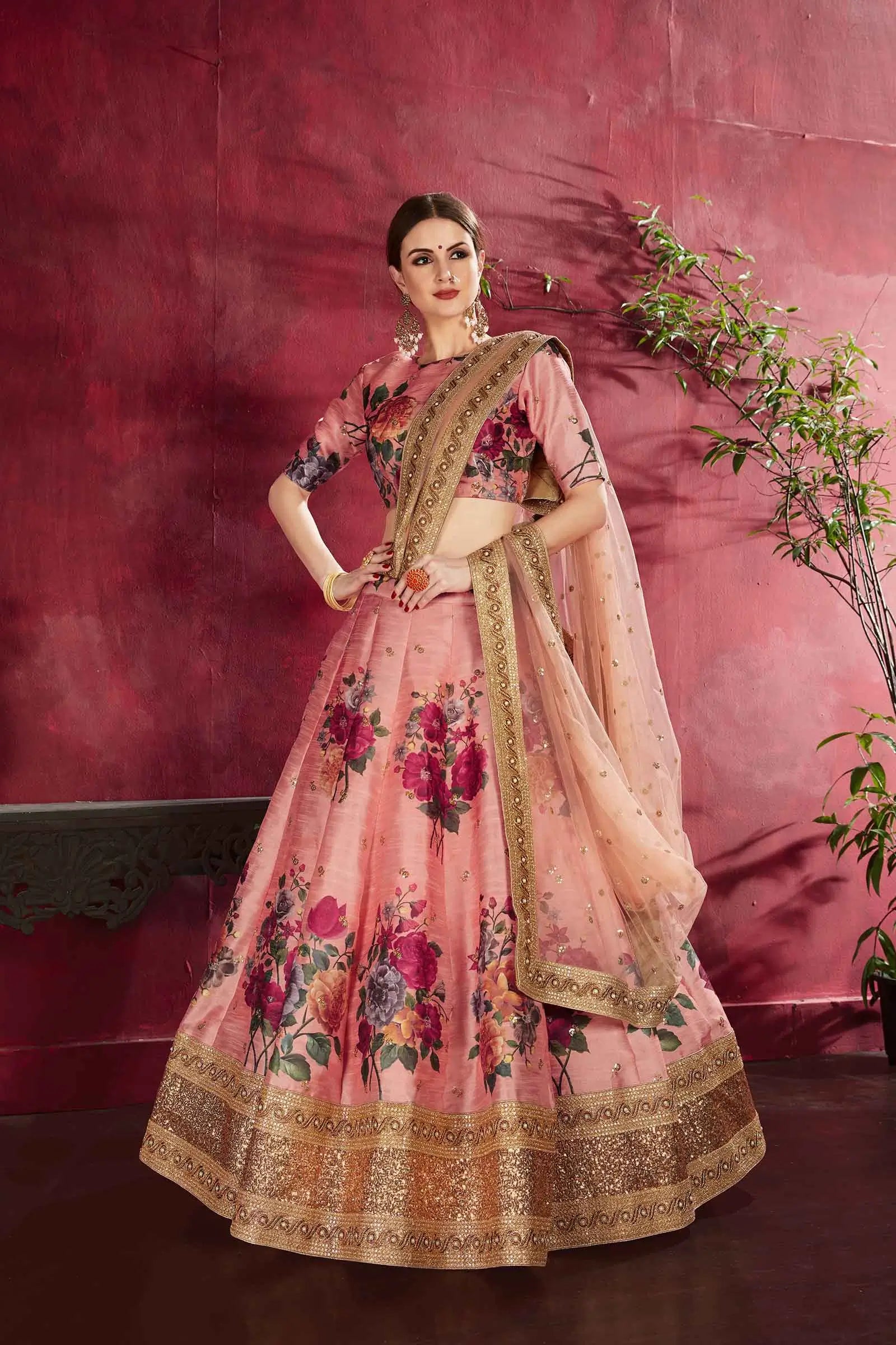 Peach Pink Silk Lehenga With Floral Print Dori Zari And Sequins Embroidery Work | Ready To Wear - qivii