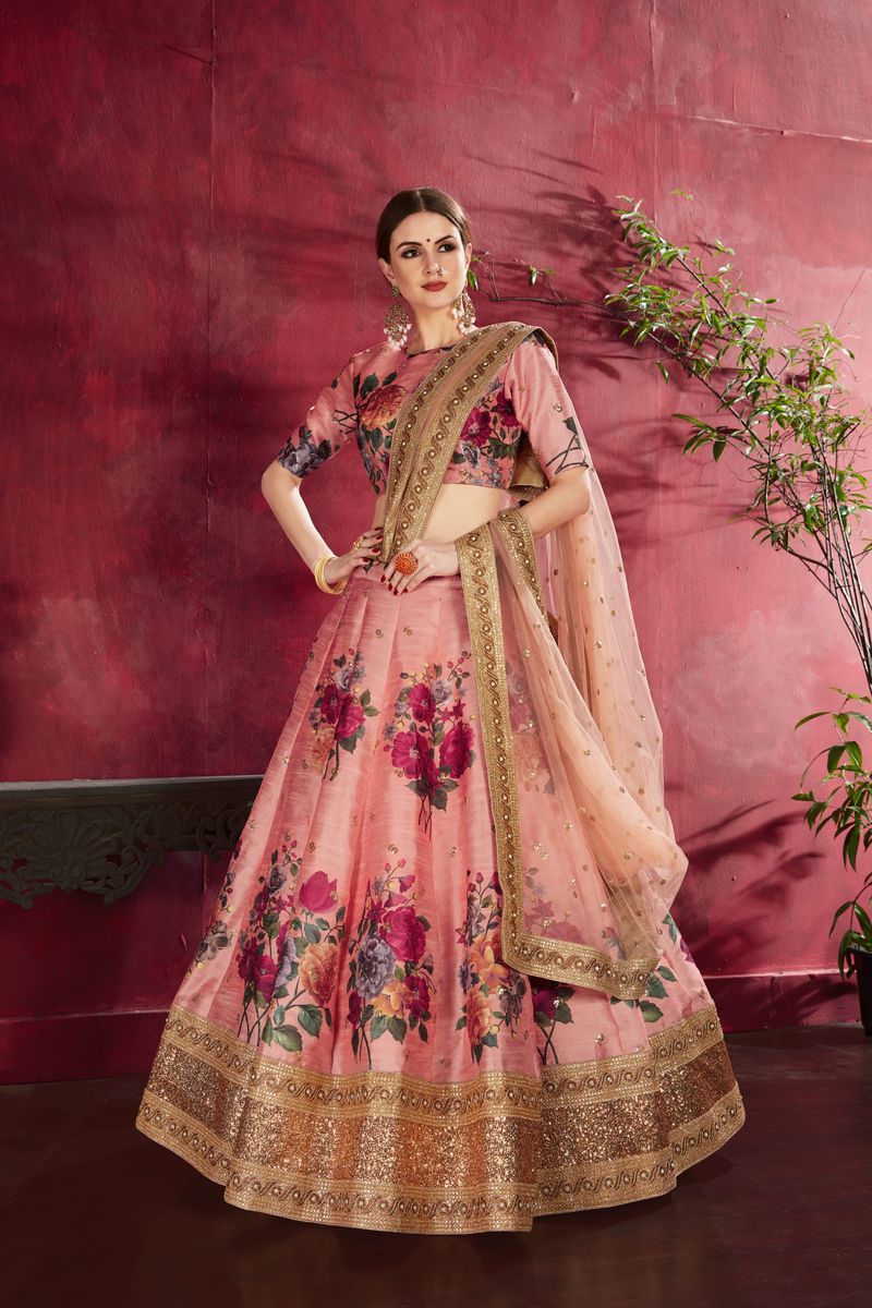 PEACH FLORAL PRINT ,DORI, ZARI AND SEQUINS EMBROIDERY LEHENGA | Ready To Wear - qivii