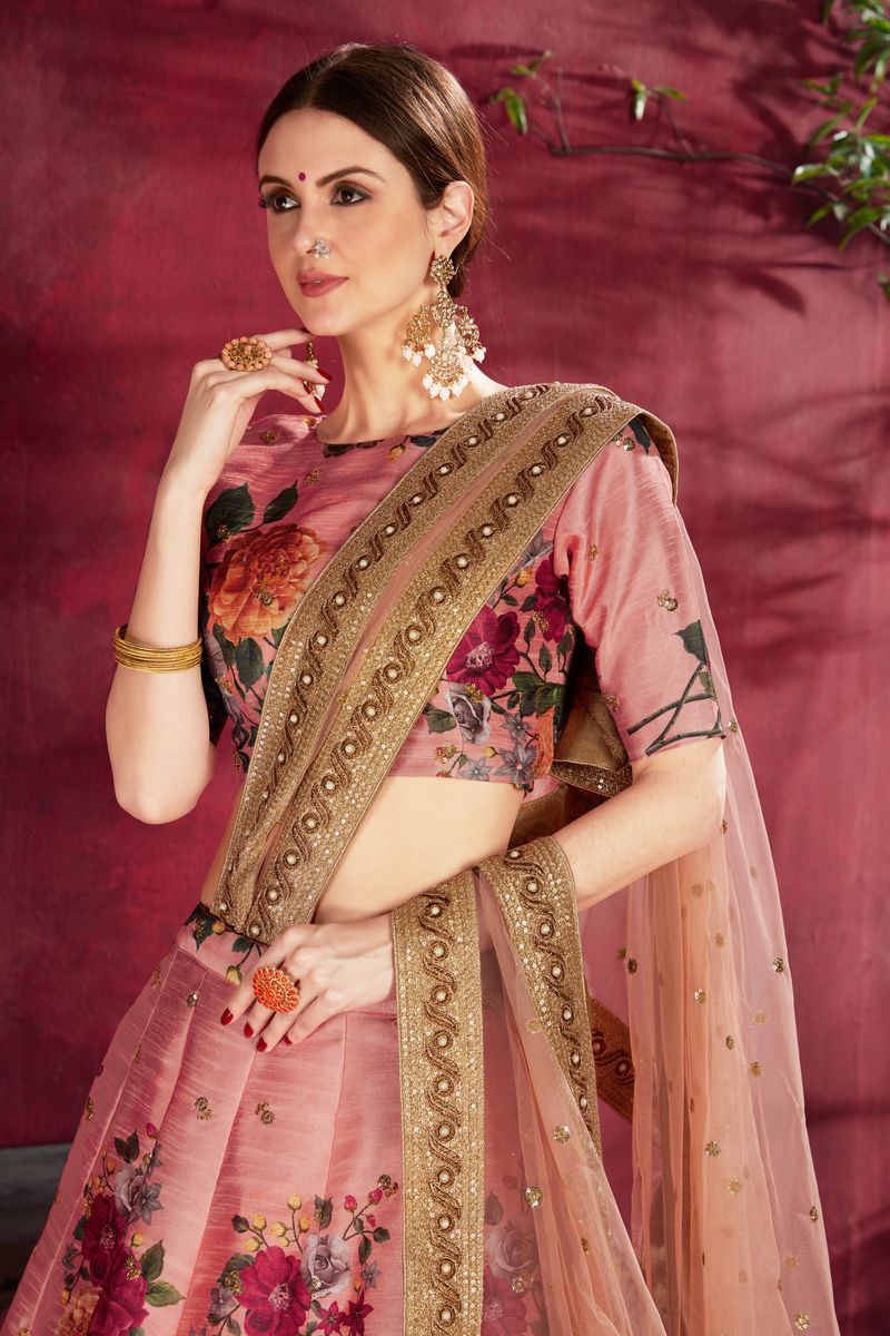 PEACH FLORAL PRINT ,DORI, ZARI AND SEQUINS EMBROIDERY LEHENGA | Ready To Wear - qivii