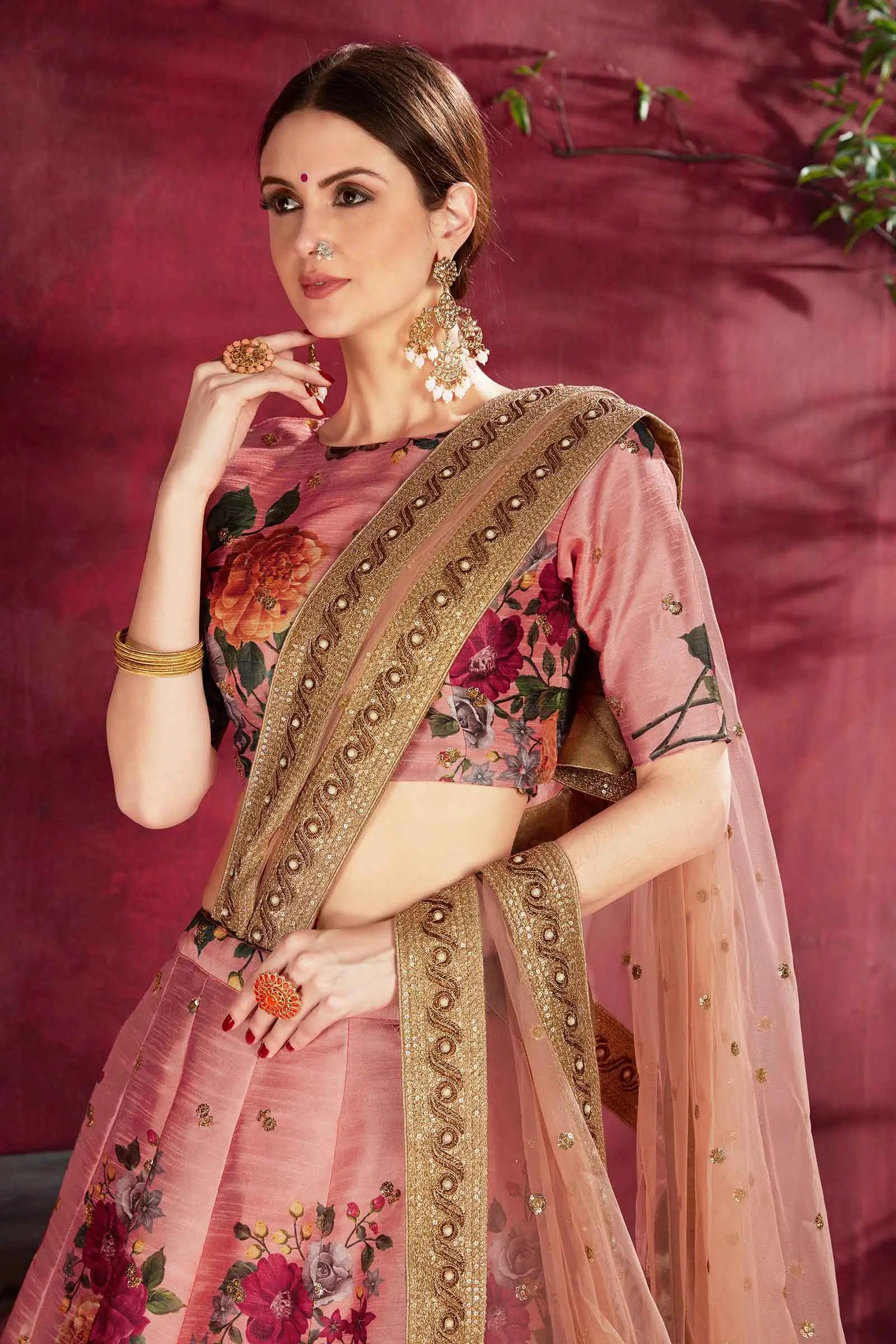 Peach Pink Silk Lehenga With Floral Print Dori Zari And Sequins Embroidery Work | Ready To Wear - qivii