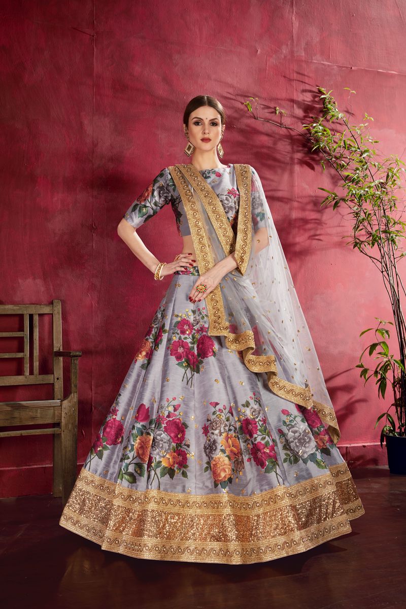 GREY FLORAL PRINT ,DORI, ZARI AND SEQUINS EMBROIDERY LEHENGA | Ready To Wear - qivii