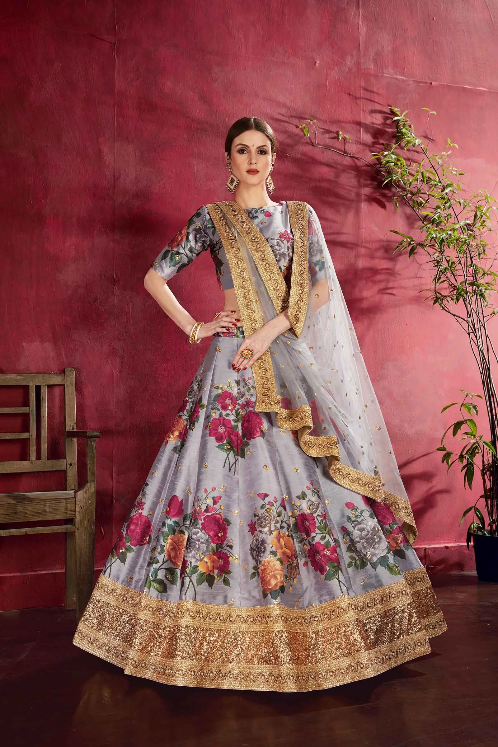 Grey Silk Lehenga With Floral Print Dori Zari And Sequins Embroidery Work | Ready To Wear - qivii