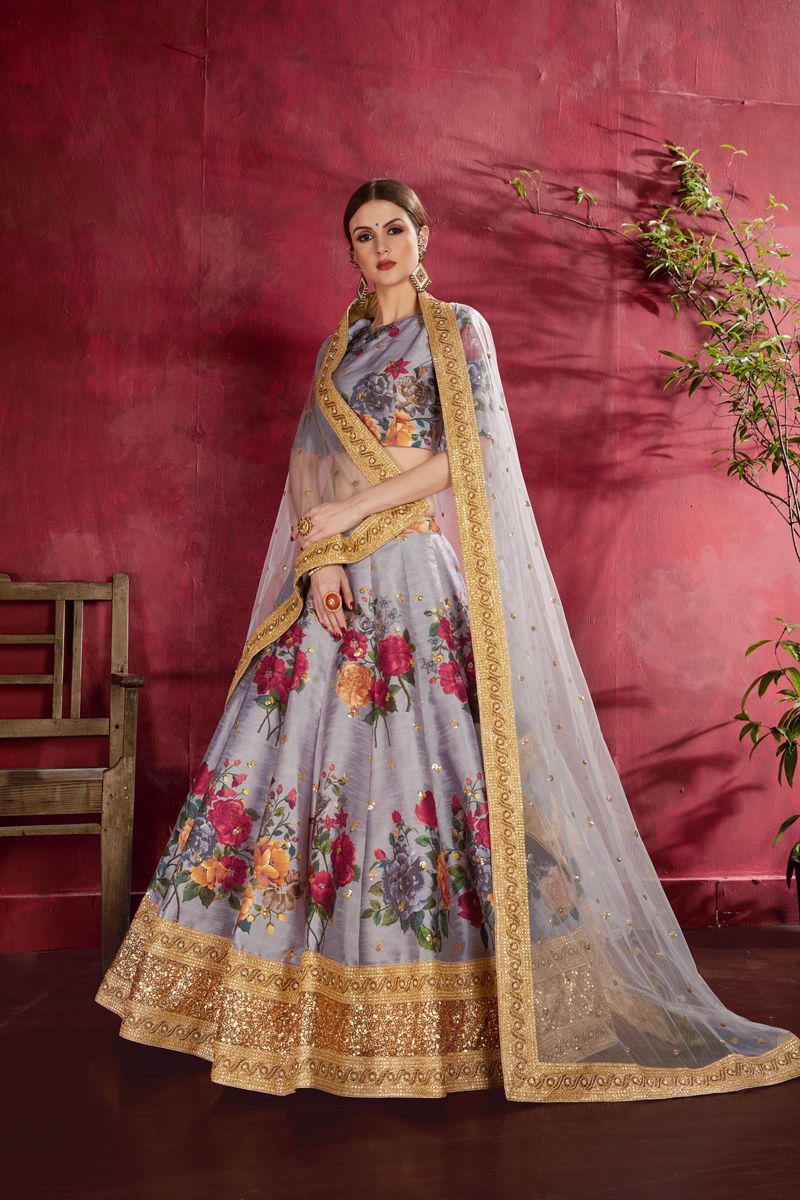 GREY FLORAL PRINT ,DORI, ZARI AND SEQUINS EMBROIDERY LEHENGA | Ready To Wear - qivii
