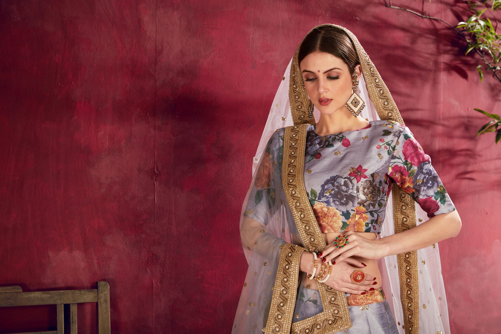 GREY FLORAL PRINT ,DORI, ZARI AND SEQUINS EMBROIDERY LEHENGA | Ready To Wear - qivii