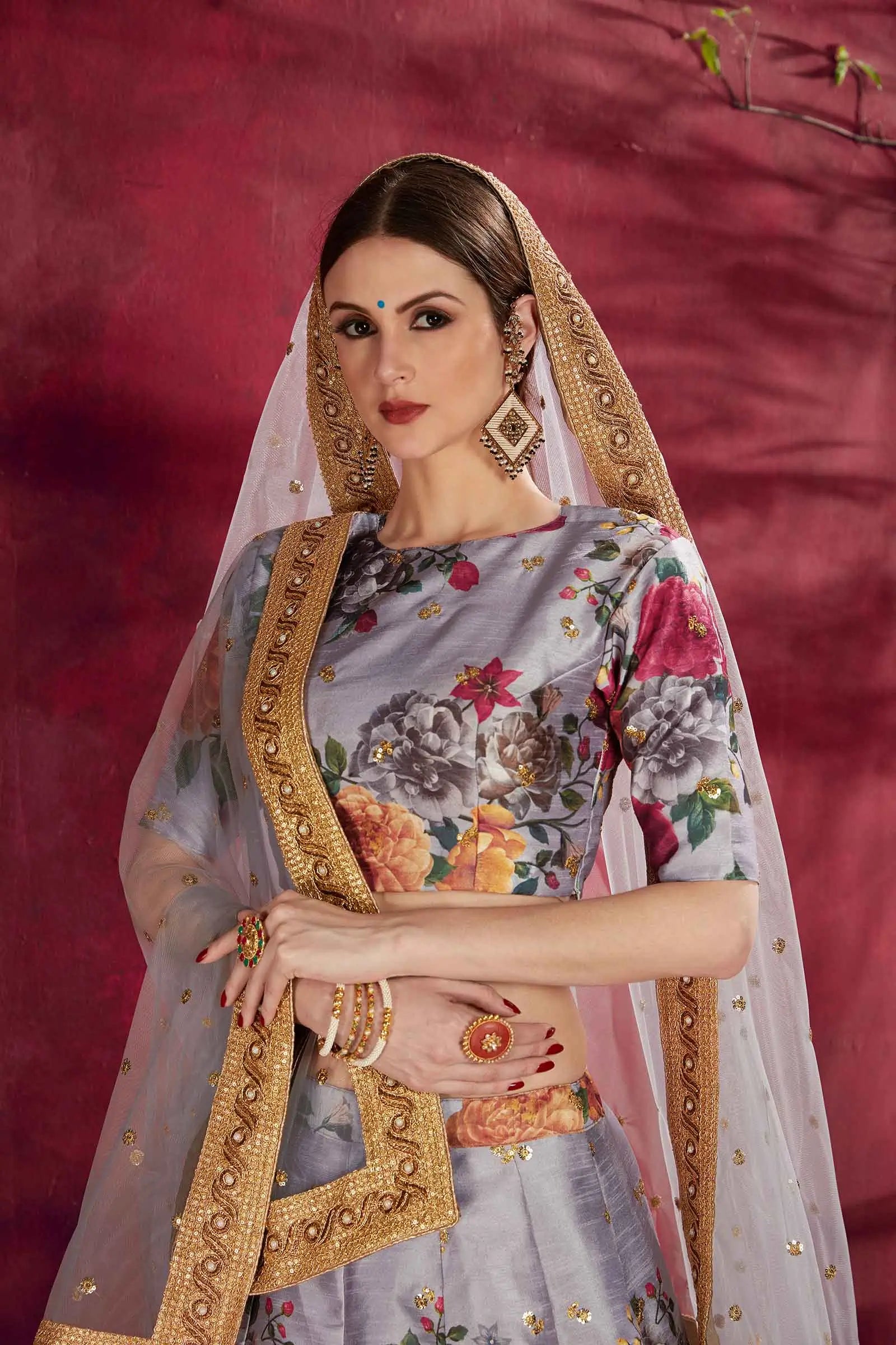 Grey Silk Lehenga With Floral Print Dori Zari And Sequins Embroidery Work | Ready To Wear - qivii