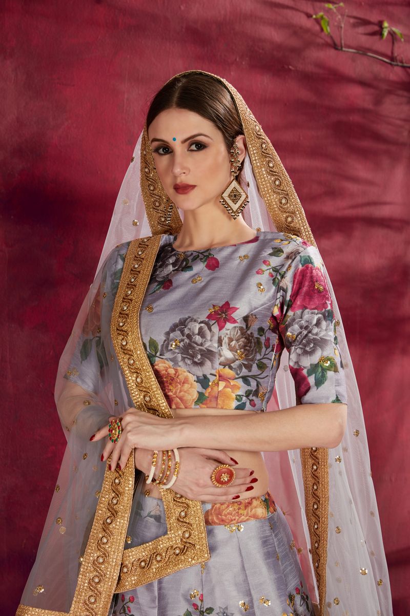 GREY FLORAL PRINT ,DORI, ZARI AND SEQUINS EMBROIDERY LEHENGA | Ready To Wear - qivii