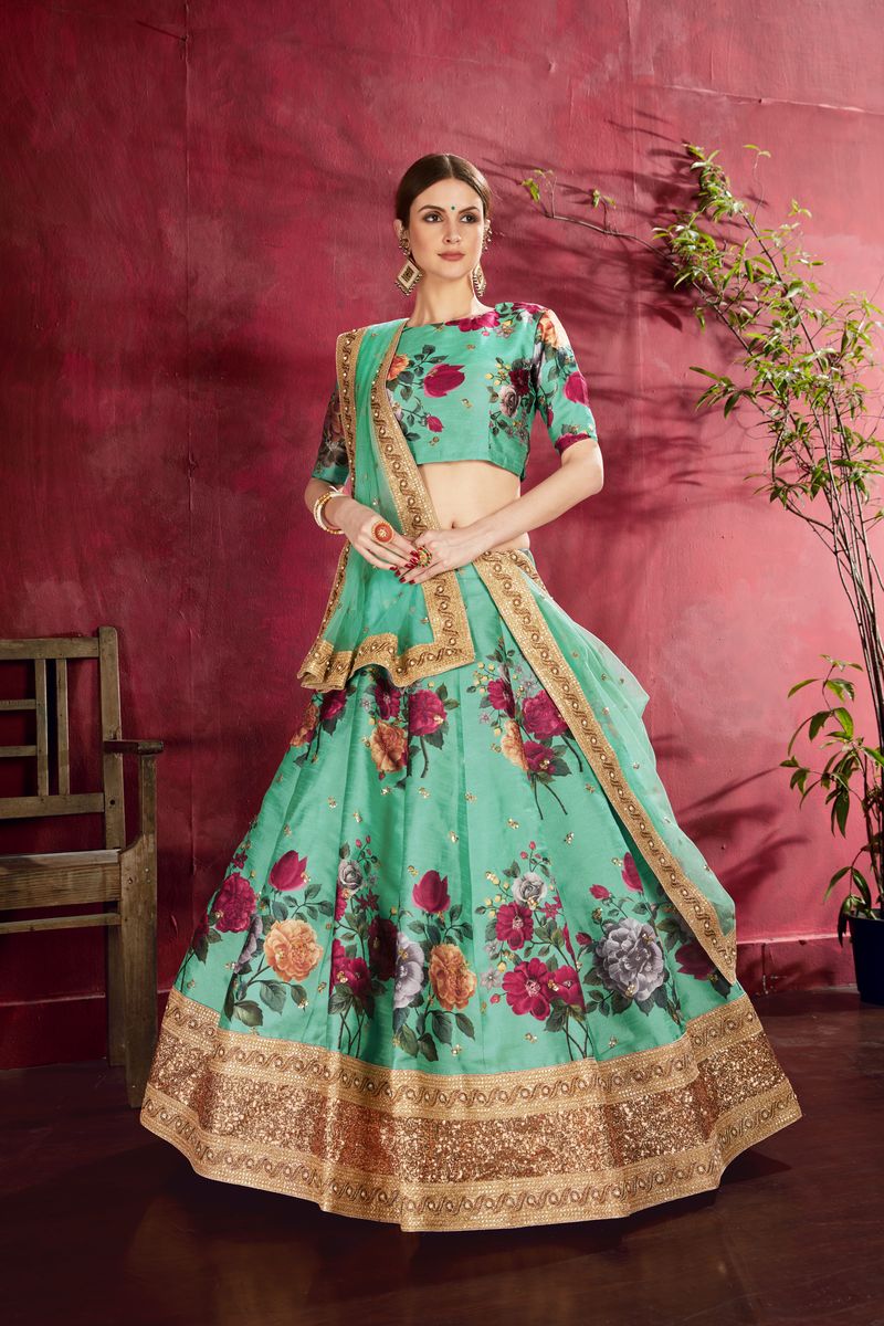 GREEN FLORAL PRINT ,DORI, ZARI AND SEQUINS EMBROIDERY LEHENGA | Ready To Wear - qivii