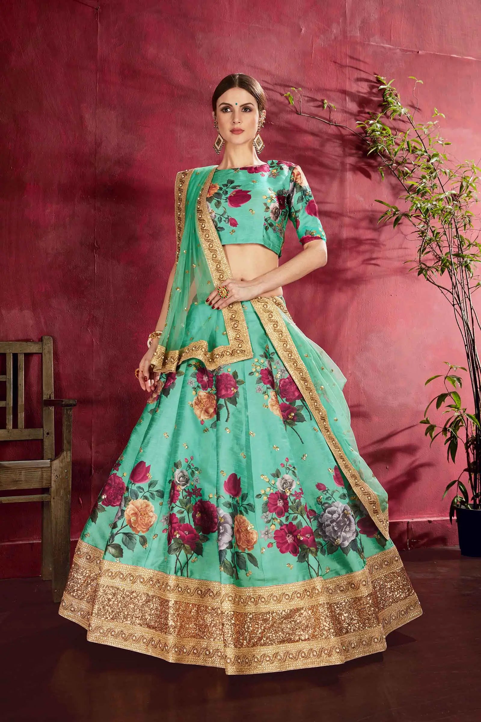 Light Green Silk Lehenga With Floral Print Dori Zari And Sequins Embroidery Work | Ready To Wear - qivii
