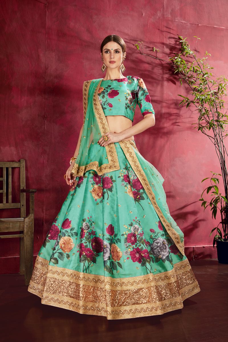 GREEN FLORAL PRINT ,DORI, ZARI AND SEQUINS EMBROIDERY LEHENGA | Ready To Wear - qivii