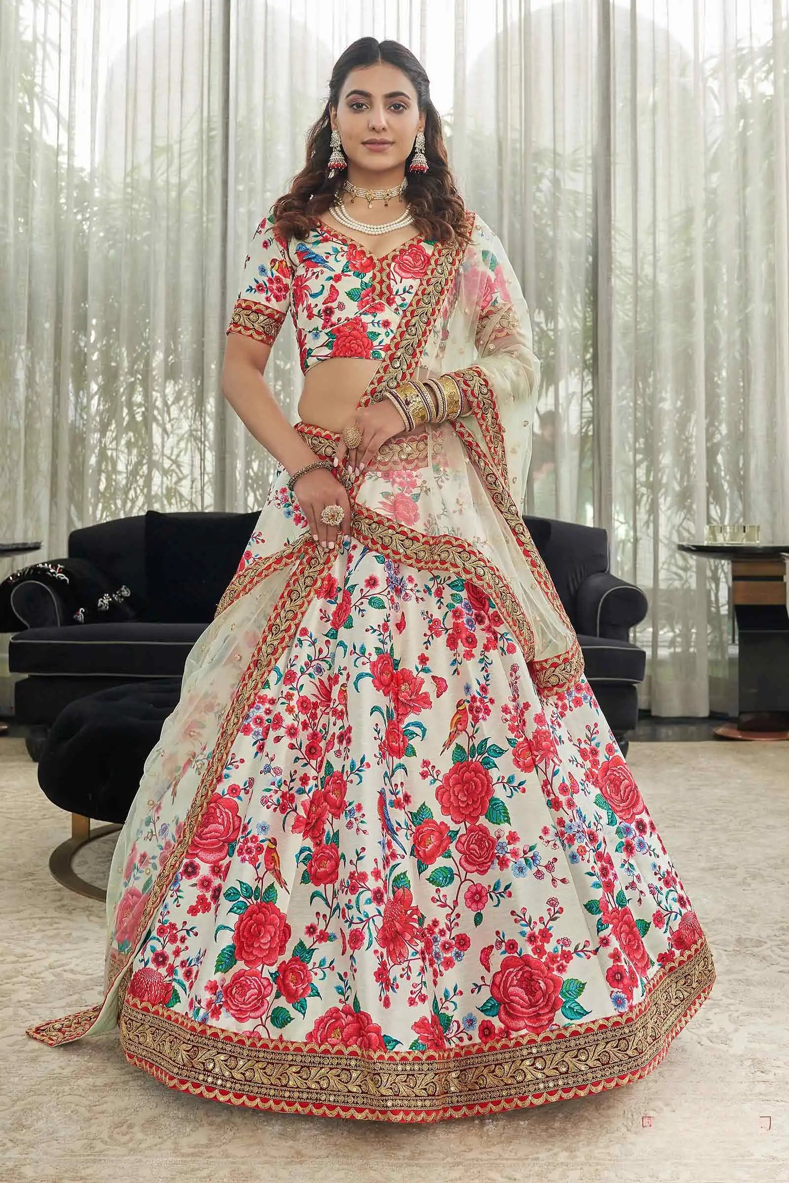 White Red Art Silk Lehenga With Digital Floral Print With Dori Sequins And Stone Work - qivii
