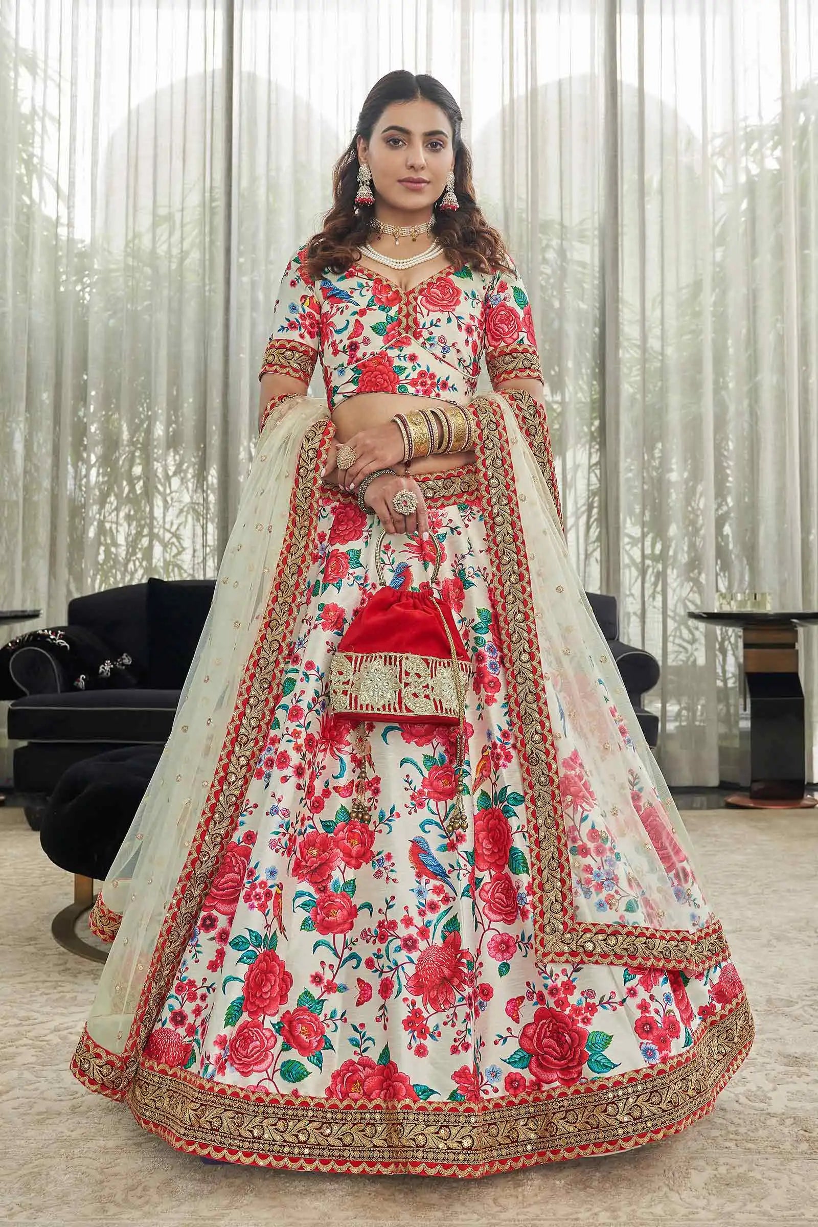 White Red Art Silk Lehenga With Digital Floral Print With Dori Sequins And Stone Work - qivii