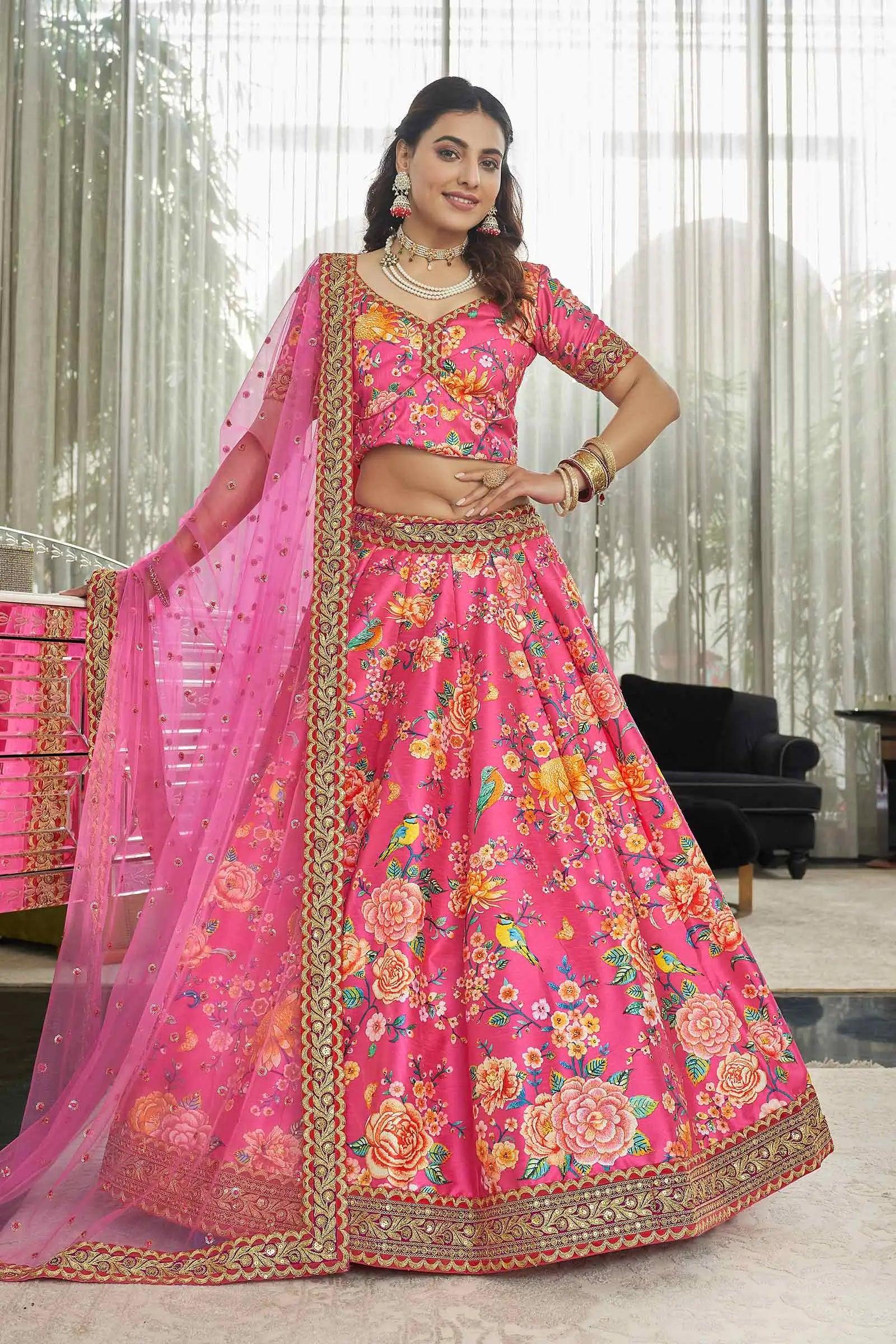 Deep Pink Art Silk Lehenga With Digital Floral Print With Dori Sequins And Stone Work - qivii