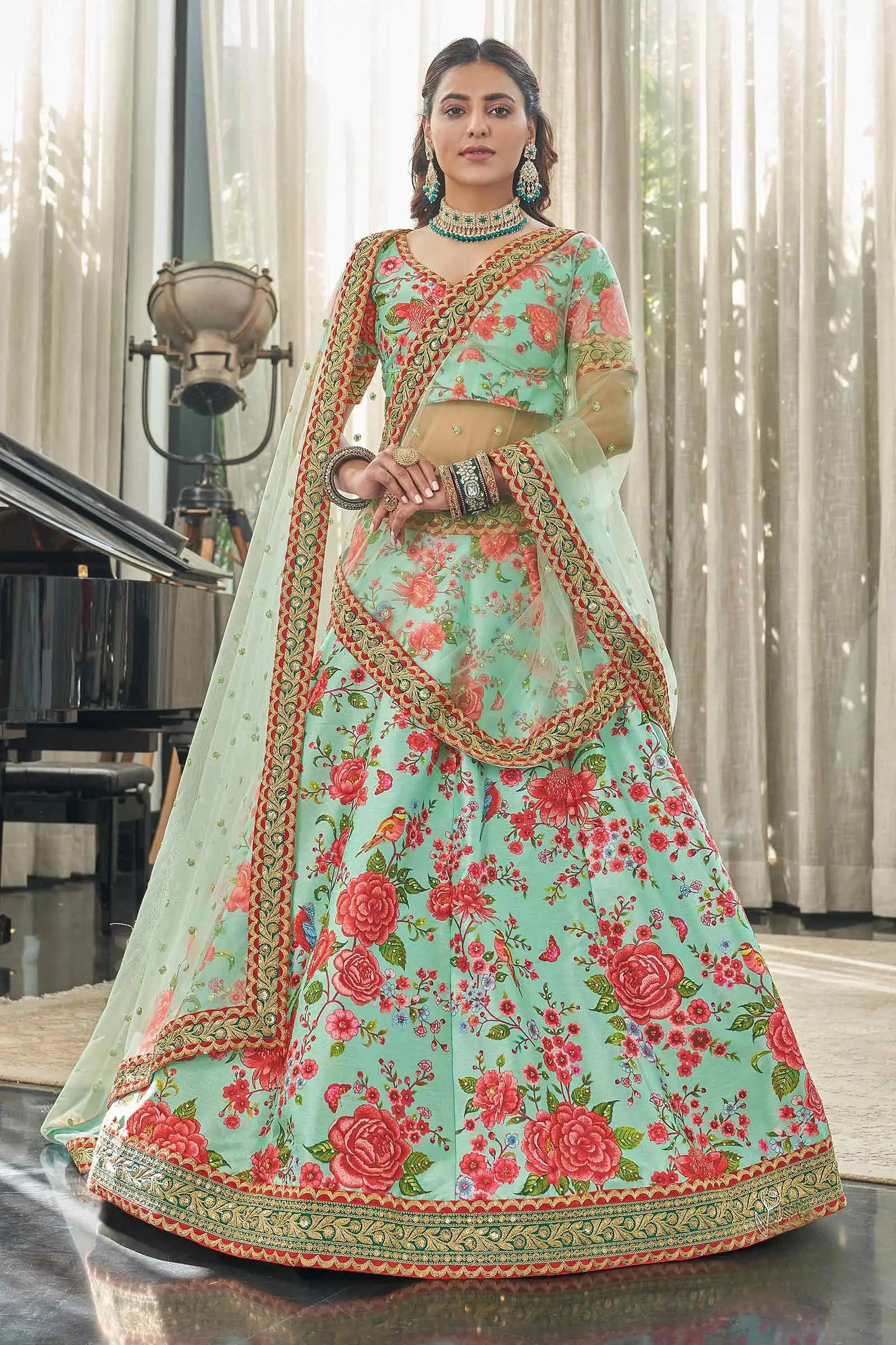 Mint Red Art Silk Lehenga With Digital Floral Print With Dori Sequins And Stone Work | Ready To Wear - qivii