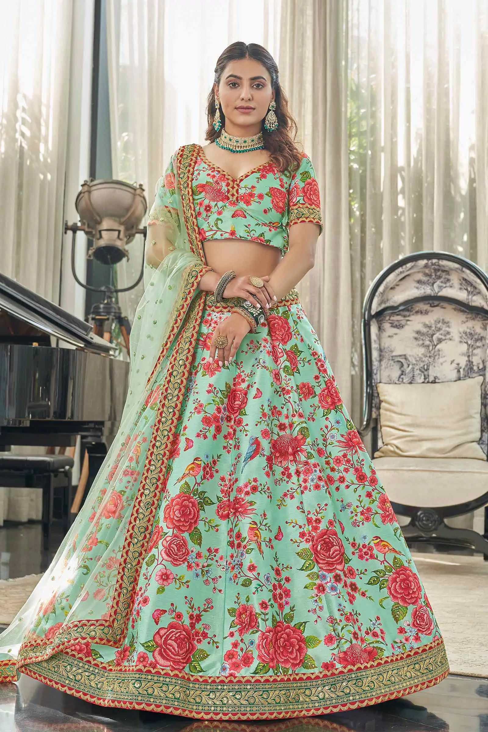 Mint Red Art Silk Lehenga With Digital Floral Print With Dori Sequins And Stone Work | Ready To Wear - qivii
