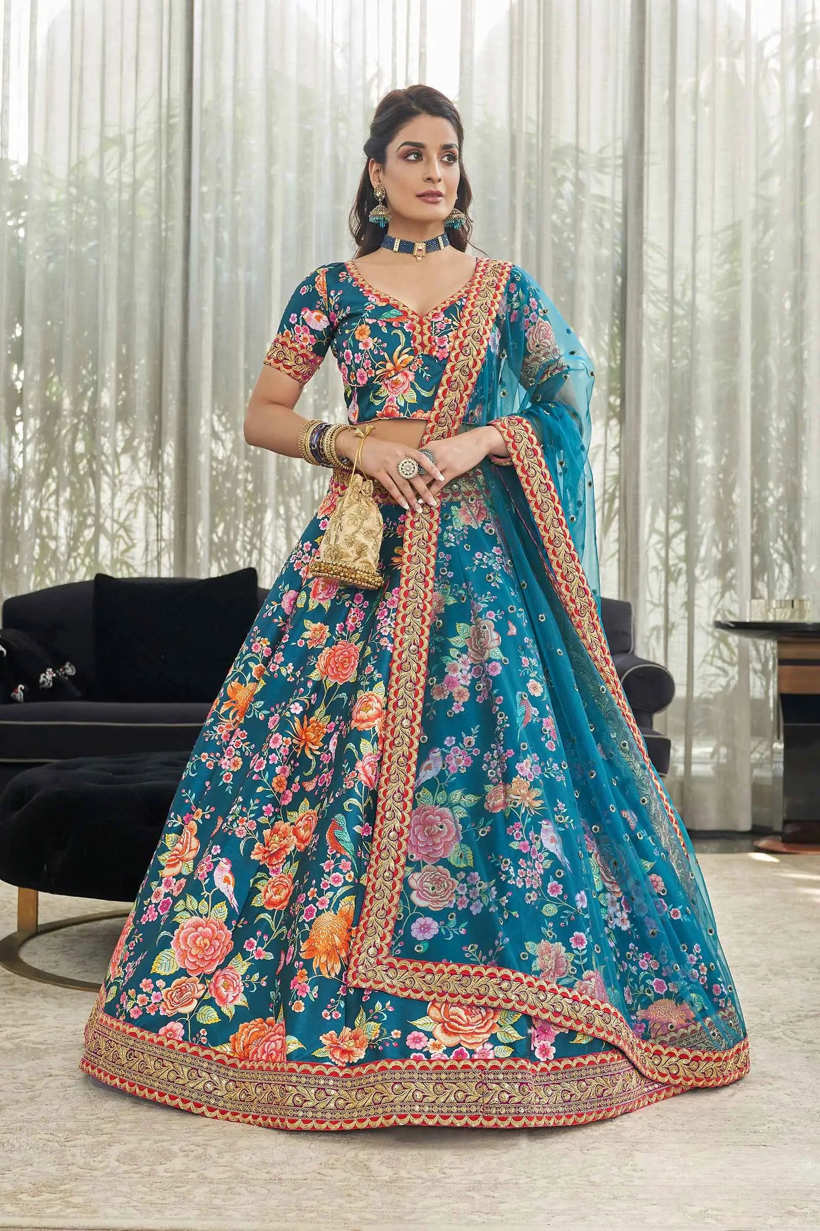 Teal Blue Art Silk Lehenga With Digital Floral Print With Dori Sequins And Stone Work | Ready To Wear - qivii