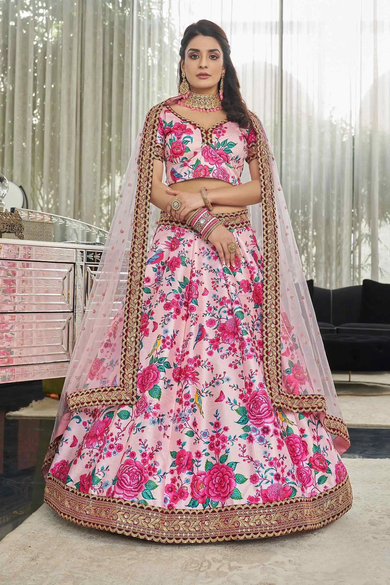 Light Pink Art Silk Lehenga With Digital Floral Print With Dori Sequins And Stone Work | Ready To Wear - qivii