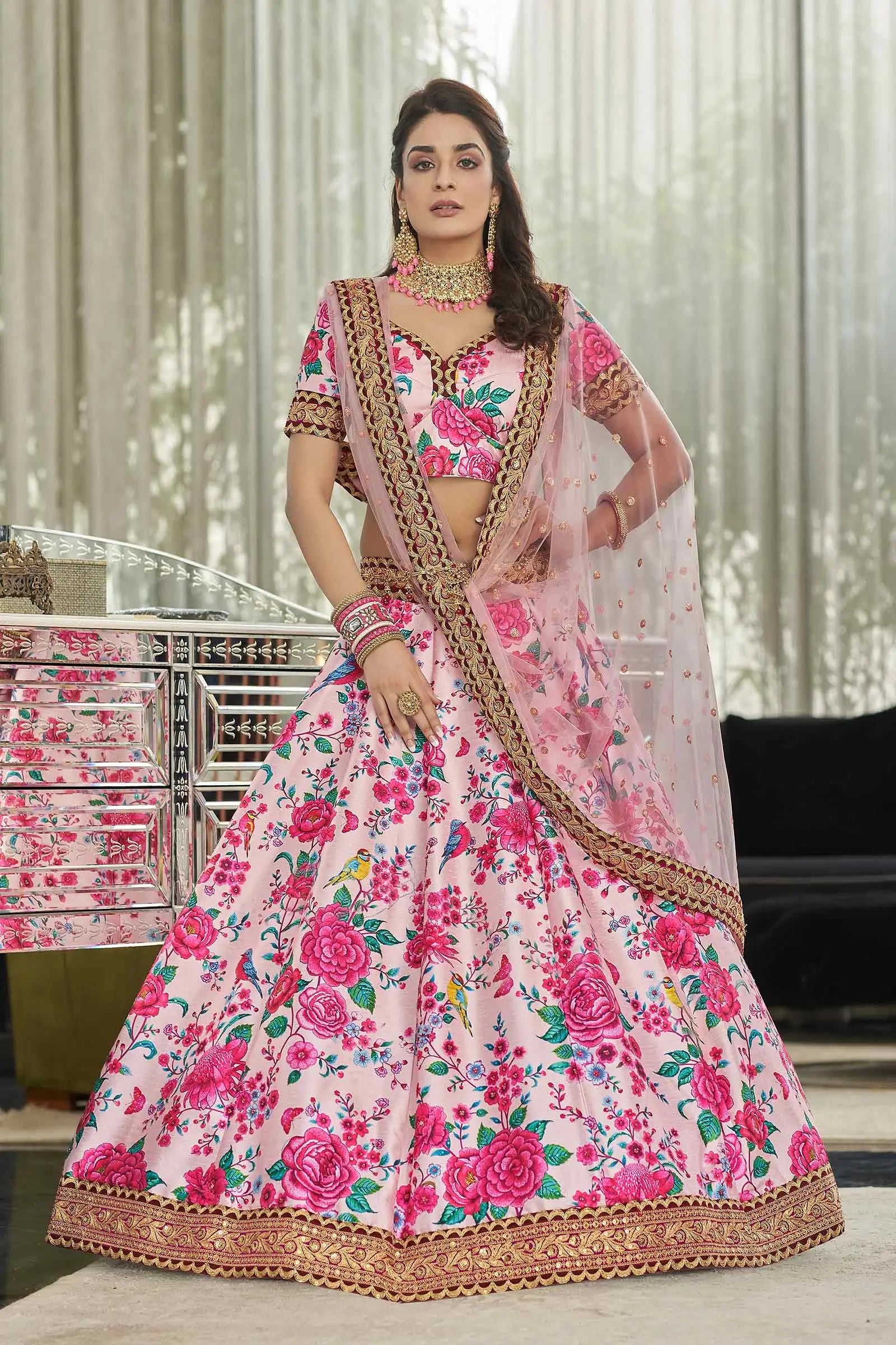 Light Pink Art Silk Lehenga With Digital Floral Print With Dori Sequins And Stone Work | Ready To Wear - qivii