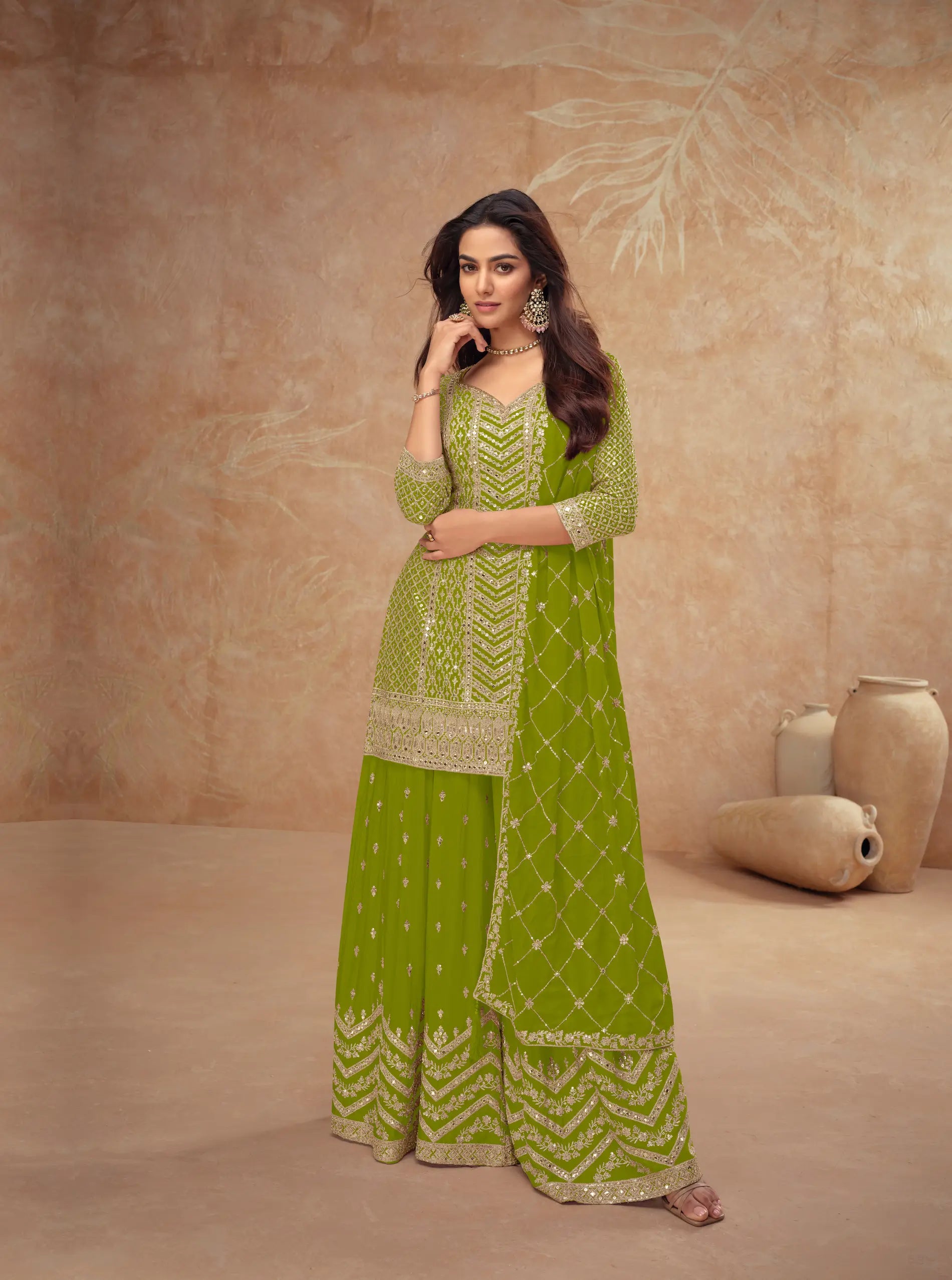 Parrot Green Chinon Silk Embroidery Plazzo Suit - qivii