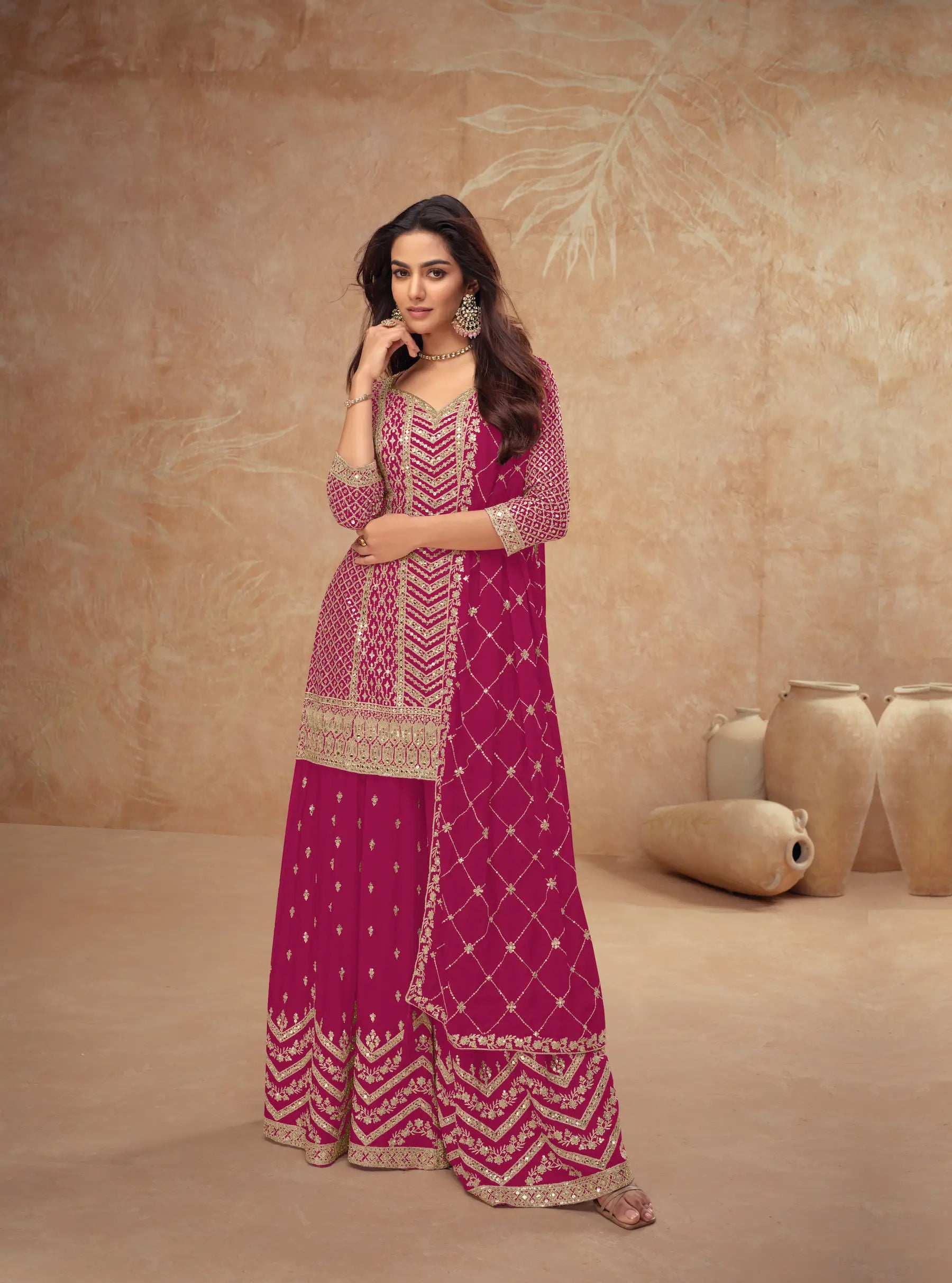 Dark Pink Chinon Silk Embroidery Plazzo Suit - qivii