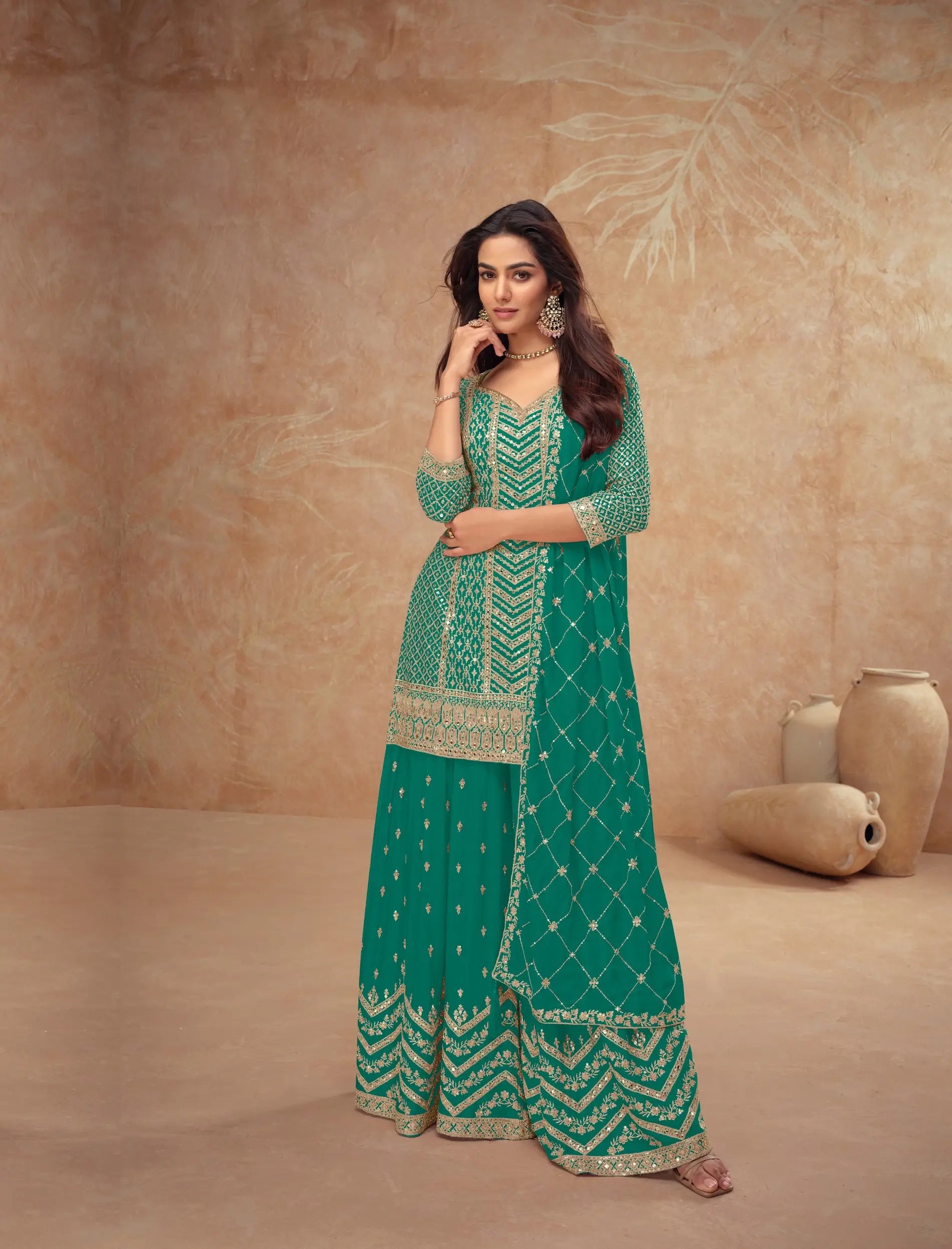 Teal Green Chinon Silk Embroidery Plazzo Suit - qivii
