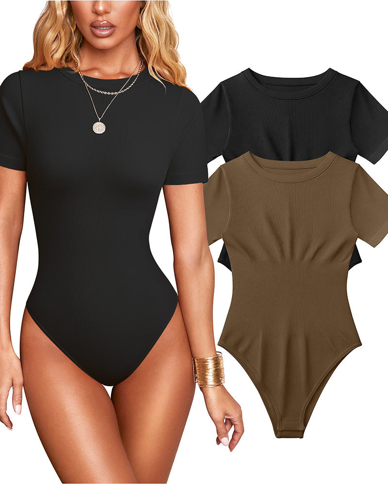 Women Sexy Ribbed Round Neck Short Sleeve Tummy Control Thong Bodysuit - By Qivii